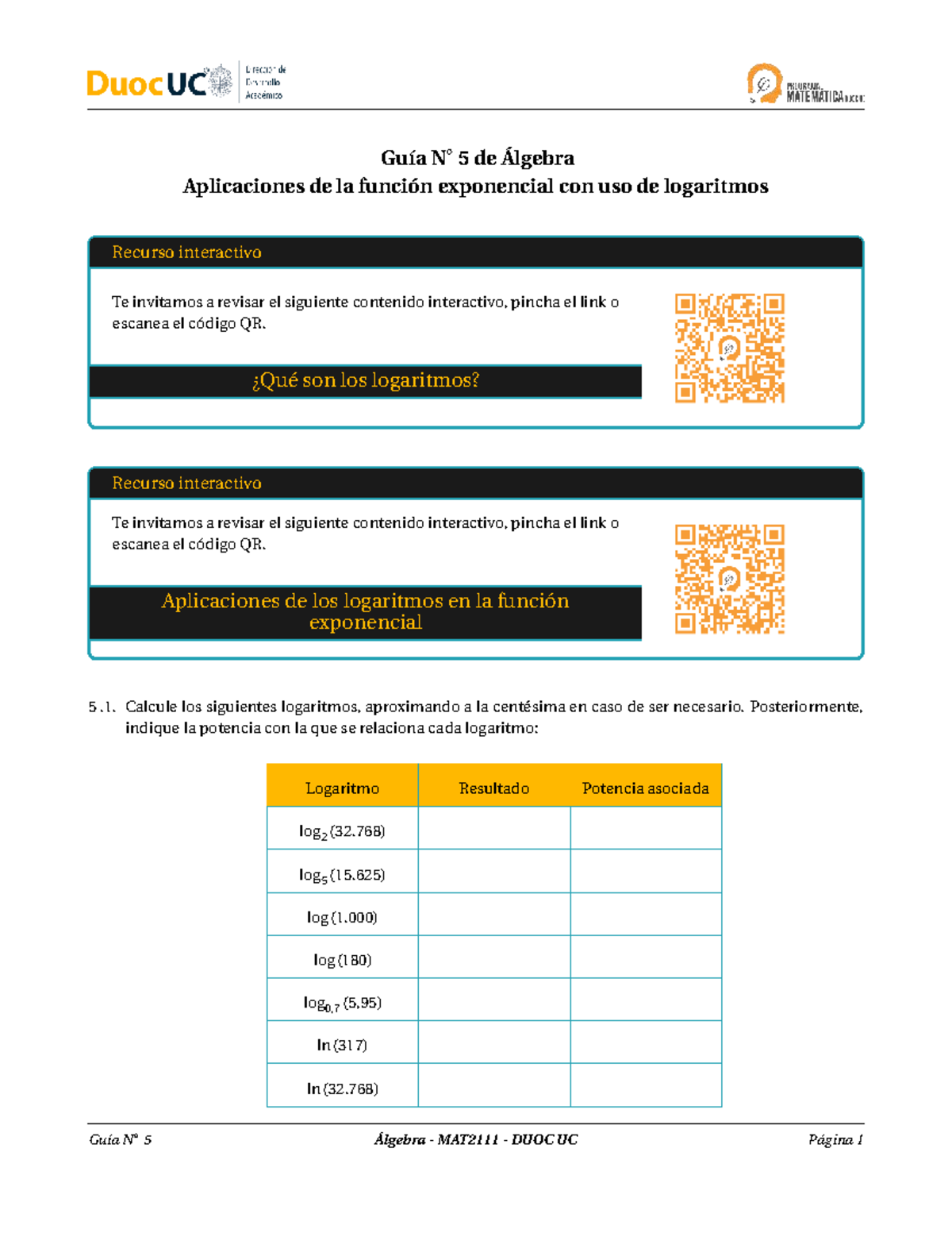 Guía 5: Aplicaciones de la Función Exponencial y Logaritmos - Álgebra ...