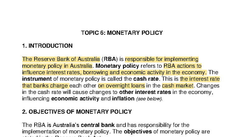 Monetary Policy Overview: RBA's Role and Strategies (ECO101) - Studocu