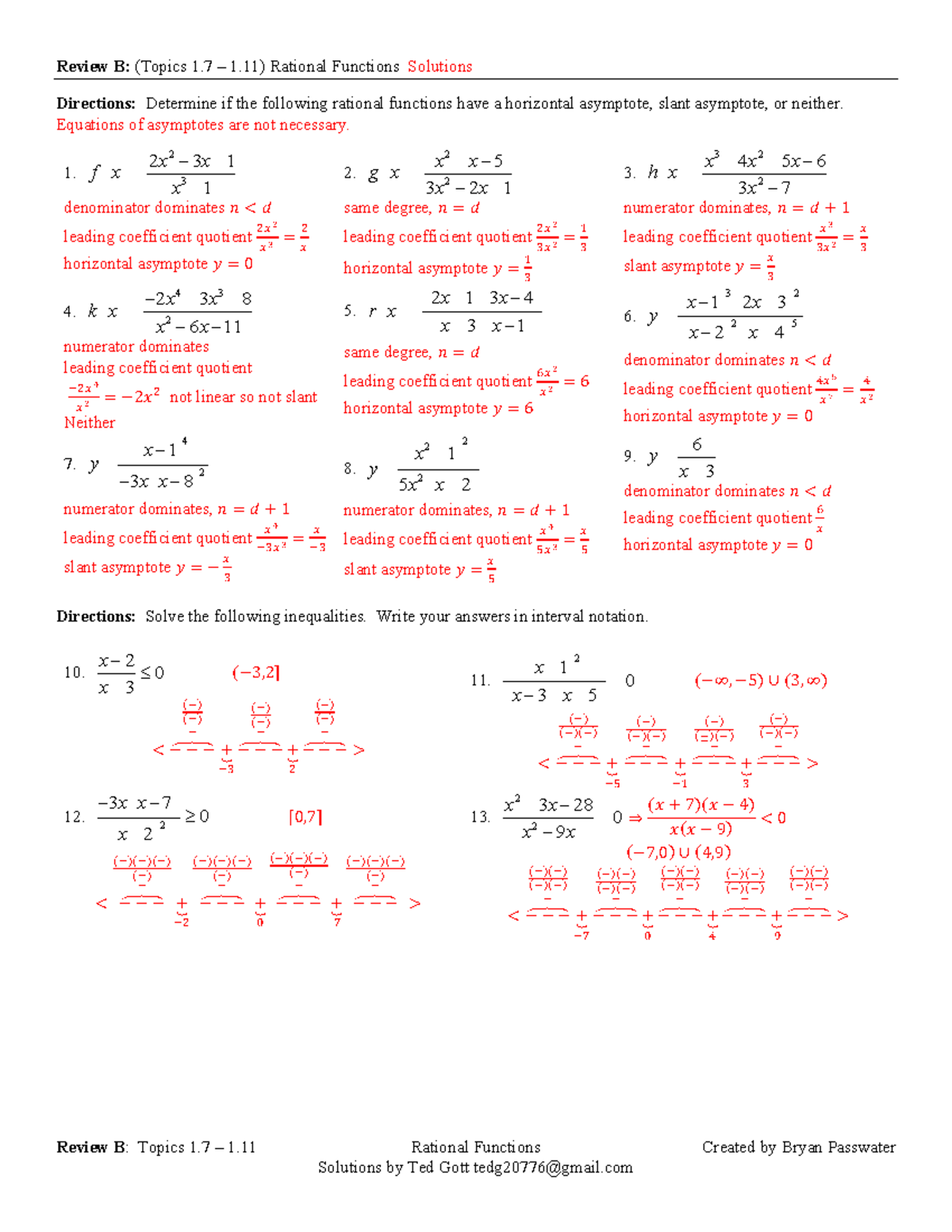 Review B Key: Topics 1.7 - 1.11 Rational Functions Solutions - Studocu