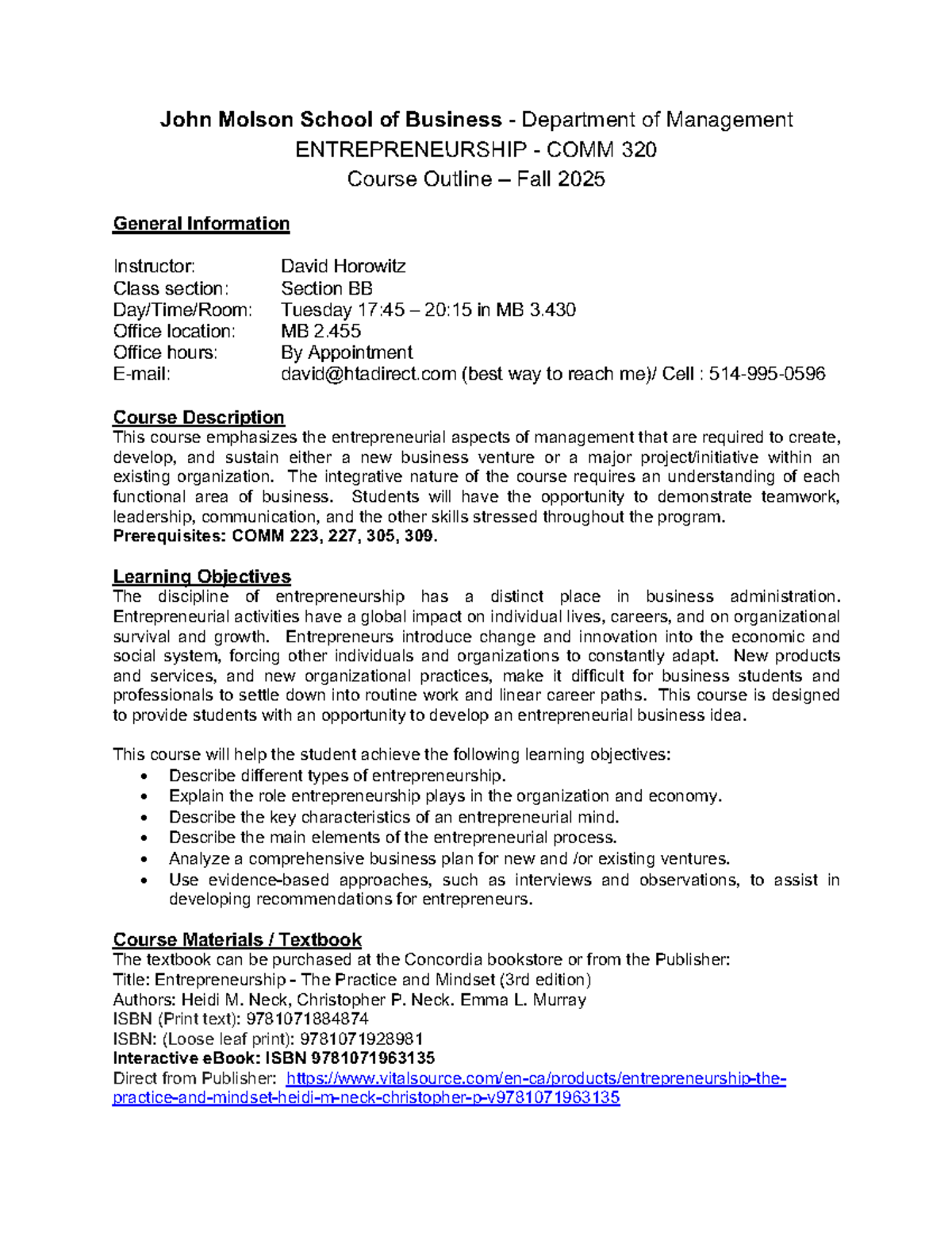 Course Outline: COMM 320BB Entrepreneurship Fall 2025 - Studocu