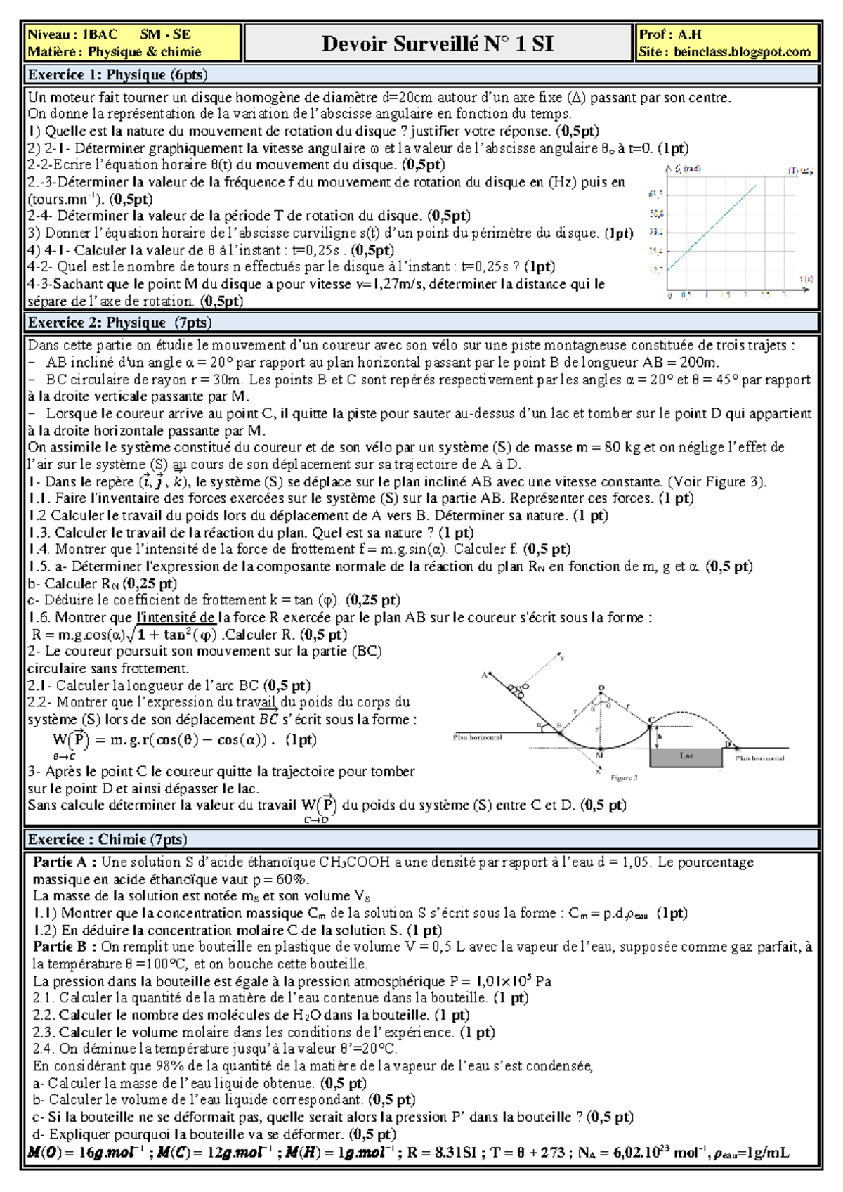 Devoir Surveillé N°1 SI - 1BAC SM - Physique & Chimie - Studocu