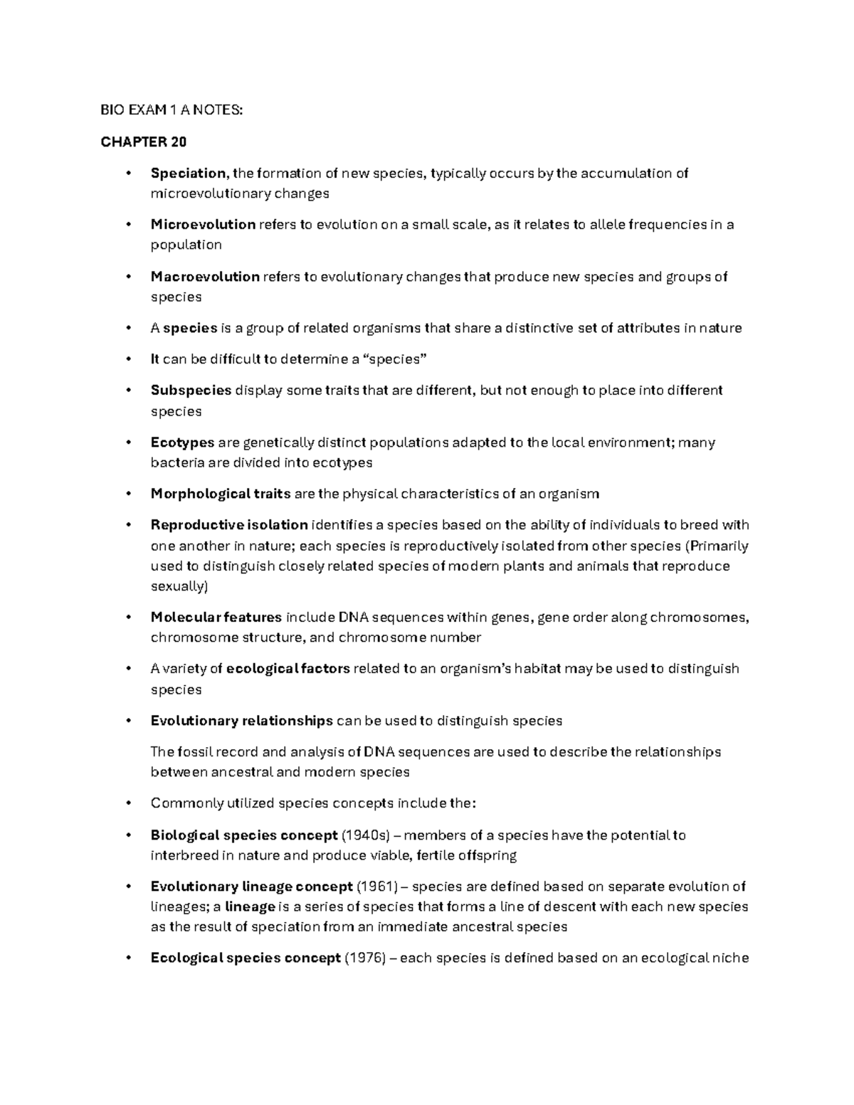 BIO 101 Exam 1 Review Notes: Speciation and Taxonomy Insights - Studocu