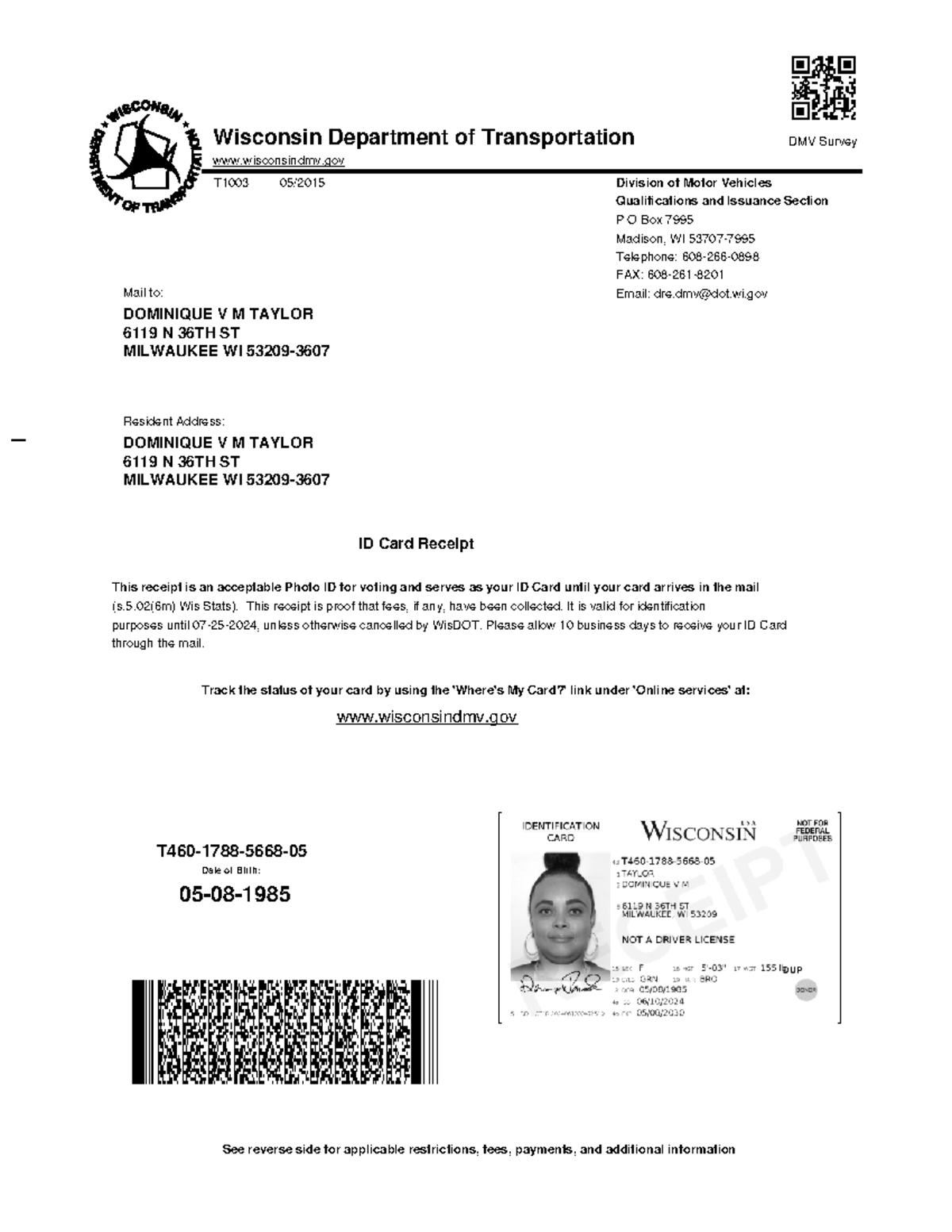 Wisconsin DMV ID Card Receipt - Valid until 07-25-2024 - Studocu