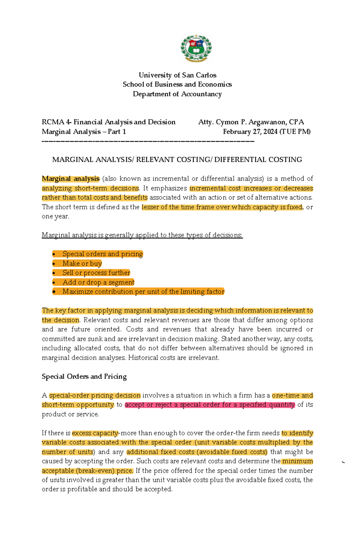 RCMA Financial Analysis: Marginal Analysis Part 1 & 2 Notes - Studocu