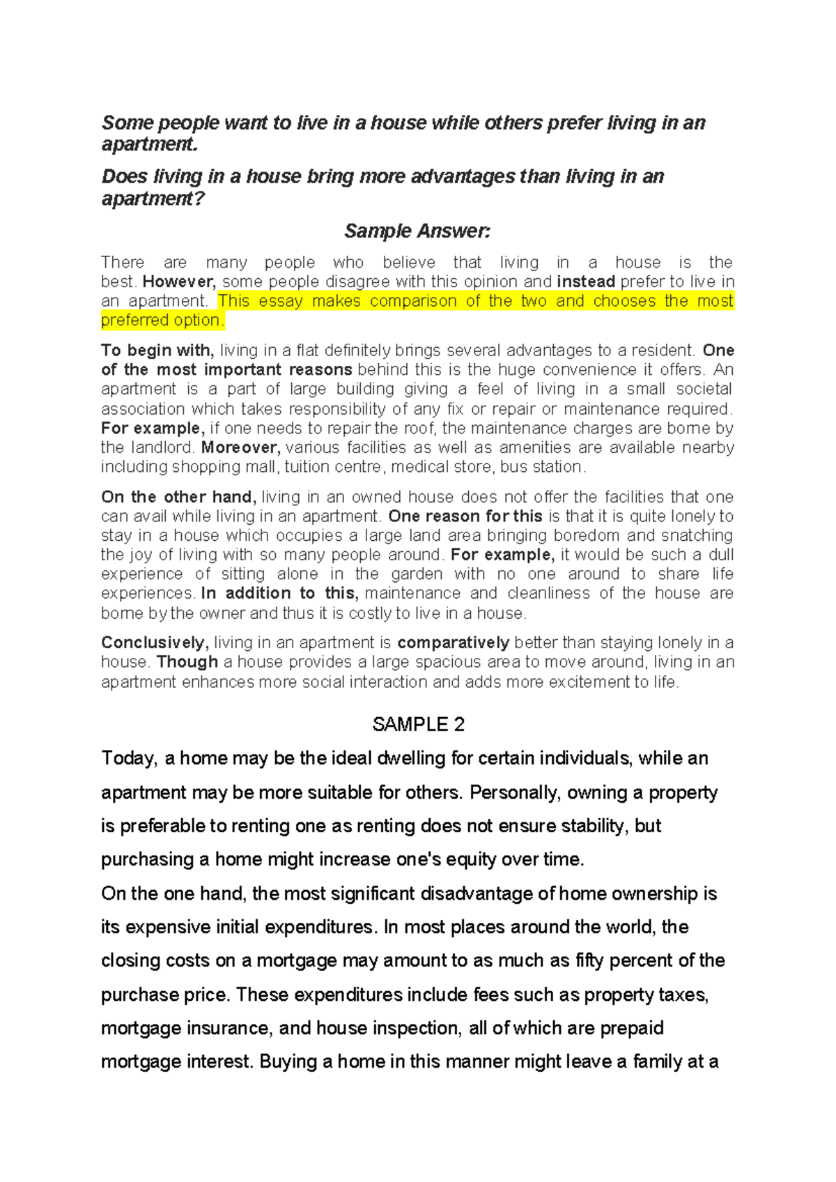 Comparative Analysis of Living in a House vs. Apartment: W10-2 Sample ...
