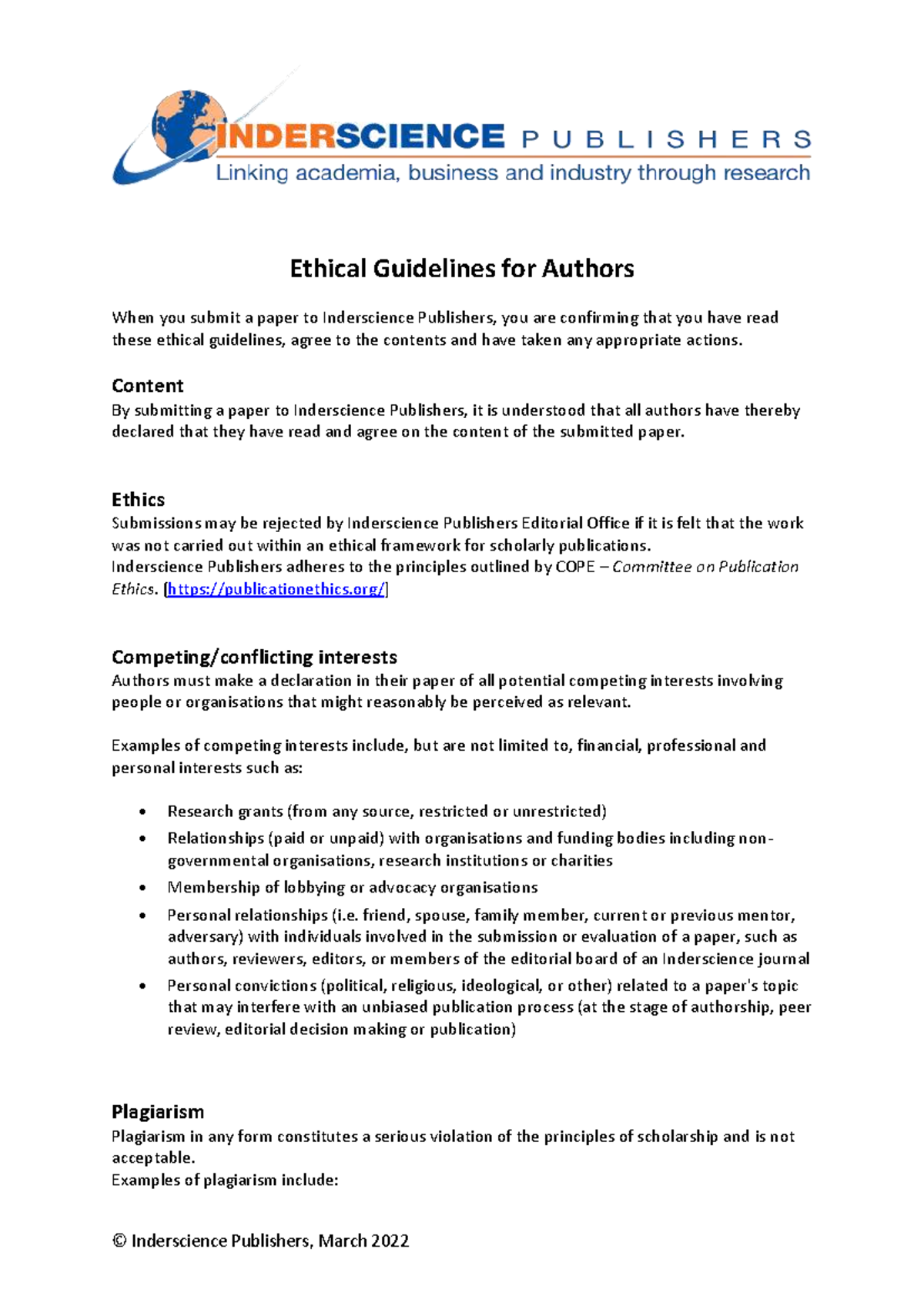 Ethical Guidelines for Authors - Inderscience Publishers - Studocu
