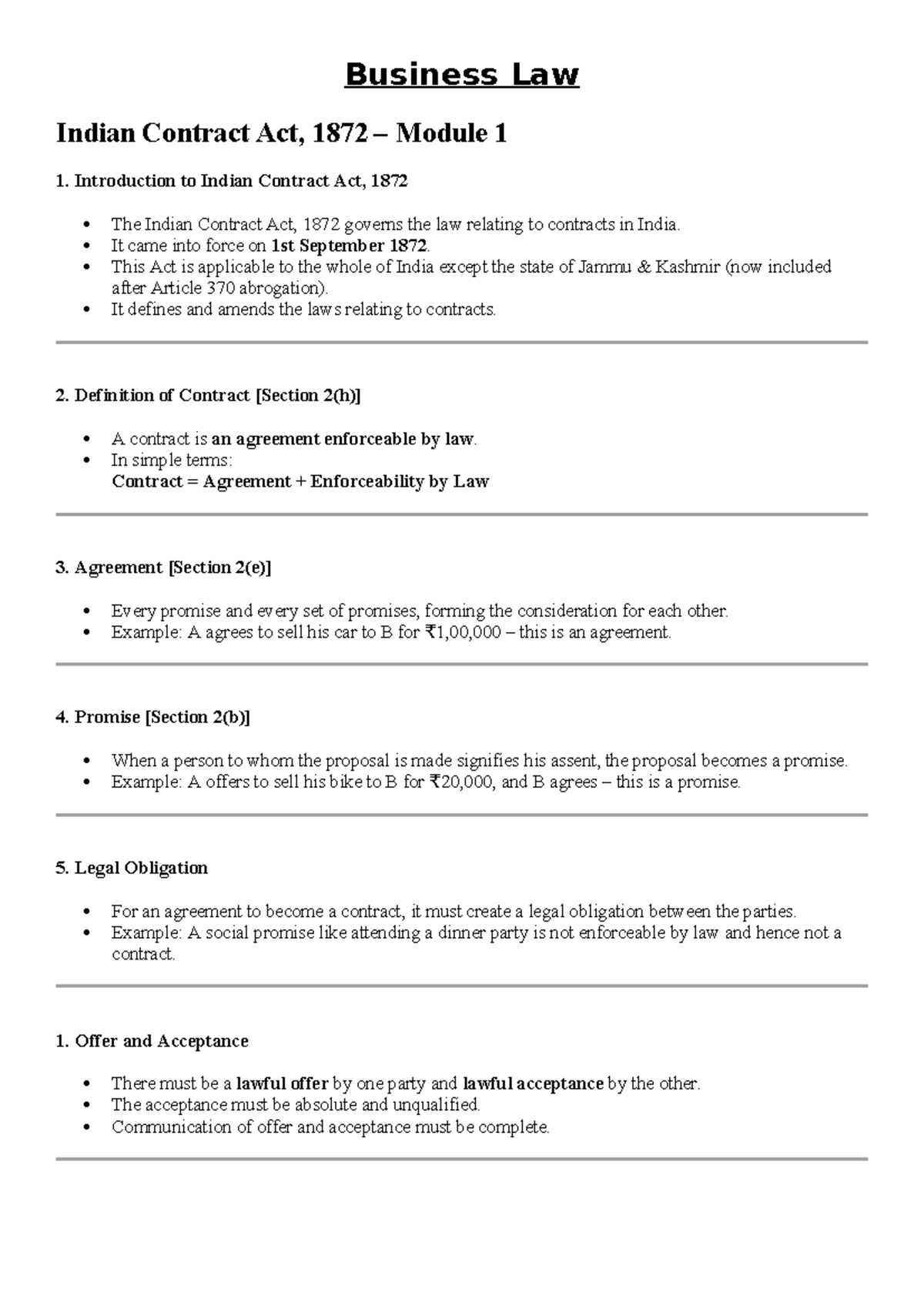 Business Law - Indian Contract Act, 1872 Module 1 Notes - Studocu