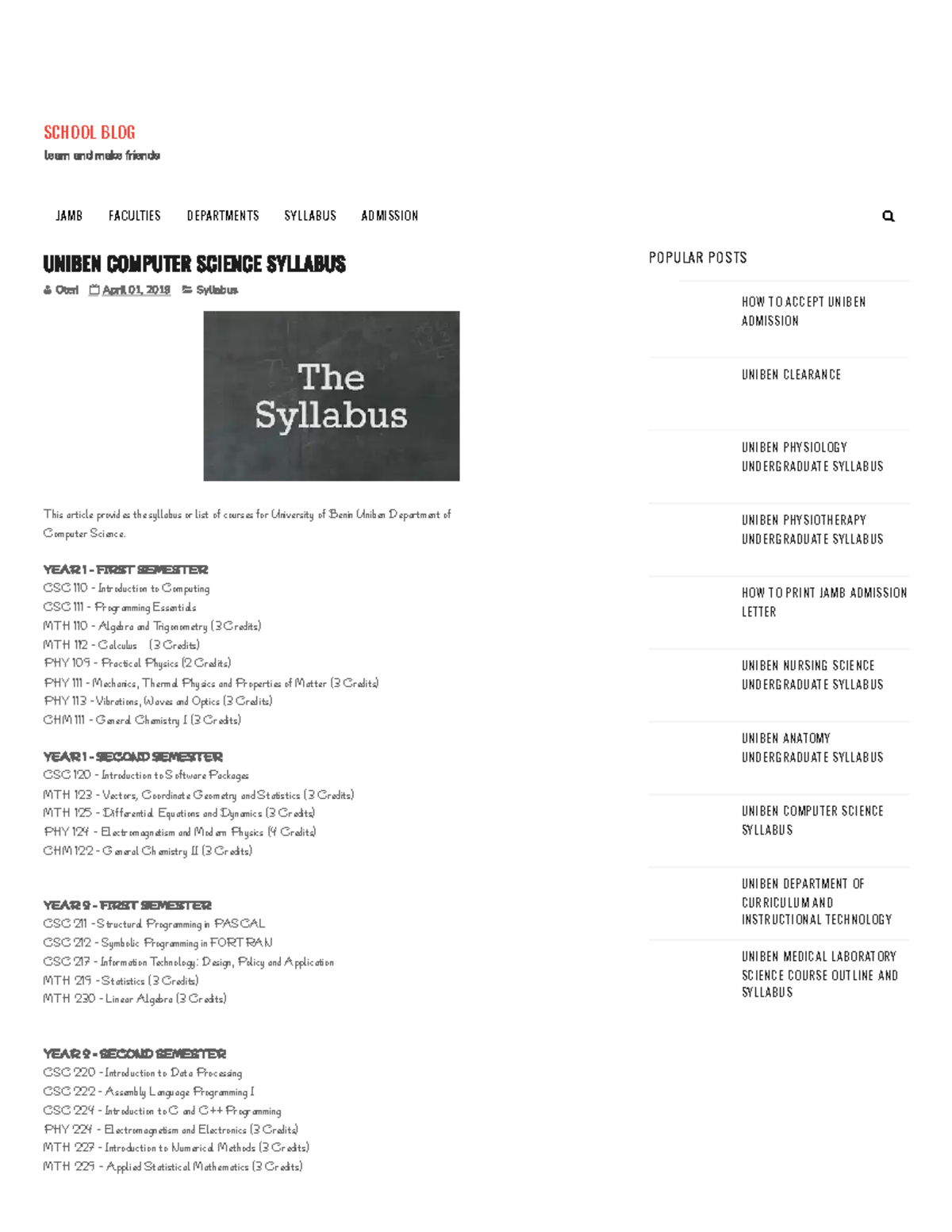 Uniben Computer Science Syllabus - School Blog - learn and make friends ...