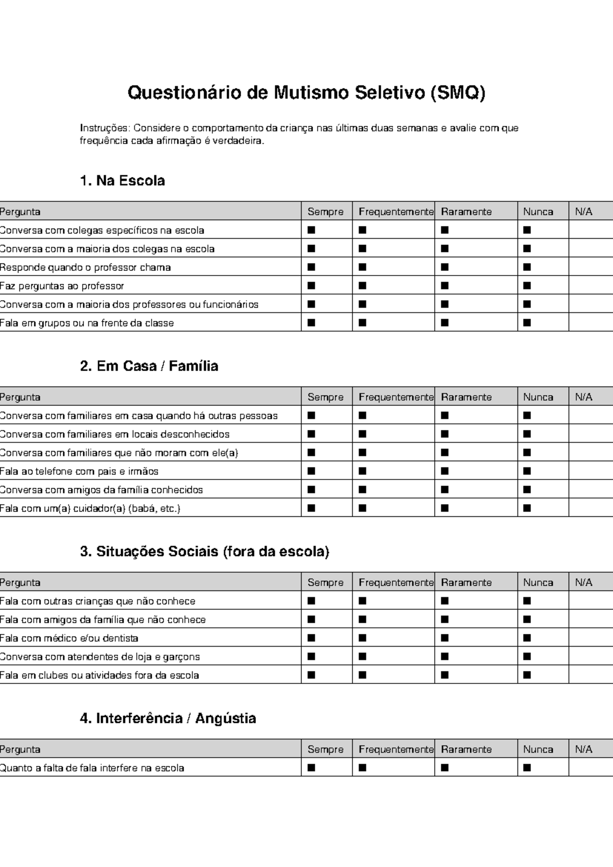 Questionário de Mutismo Seletivo (SMQ) - Tradução e Instruções - Studocu