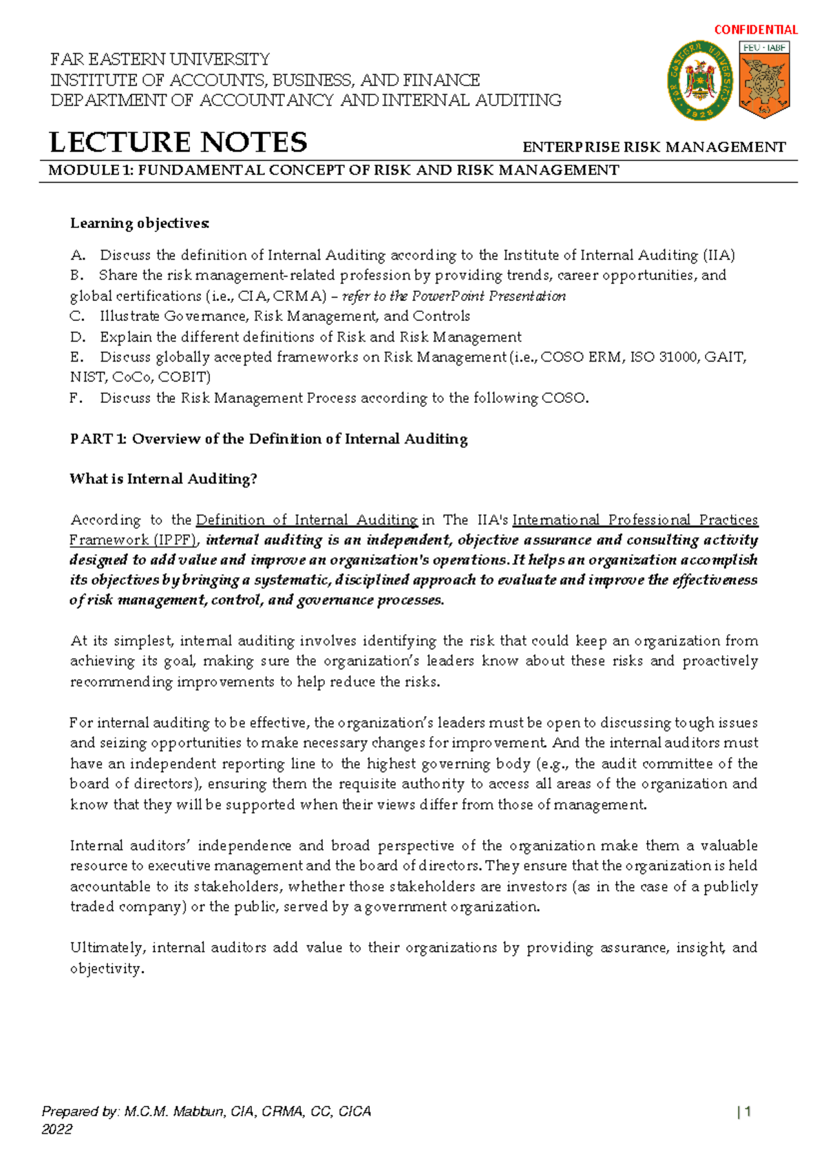 Lecture Notes ACC 101 - Module 1: Final Exam Review on ERM - Studocu
