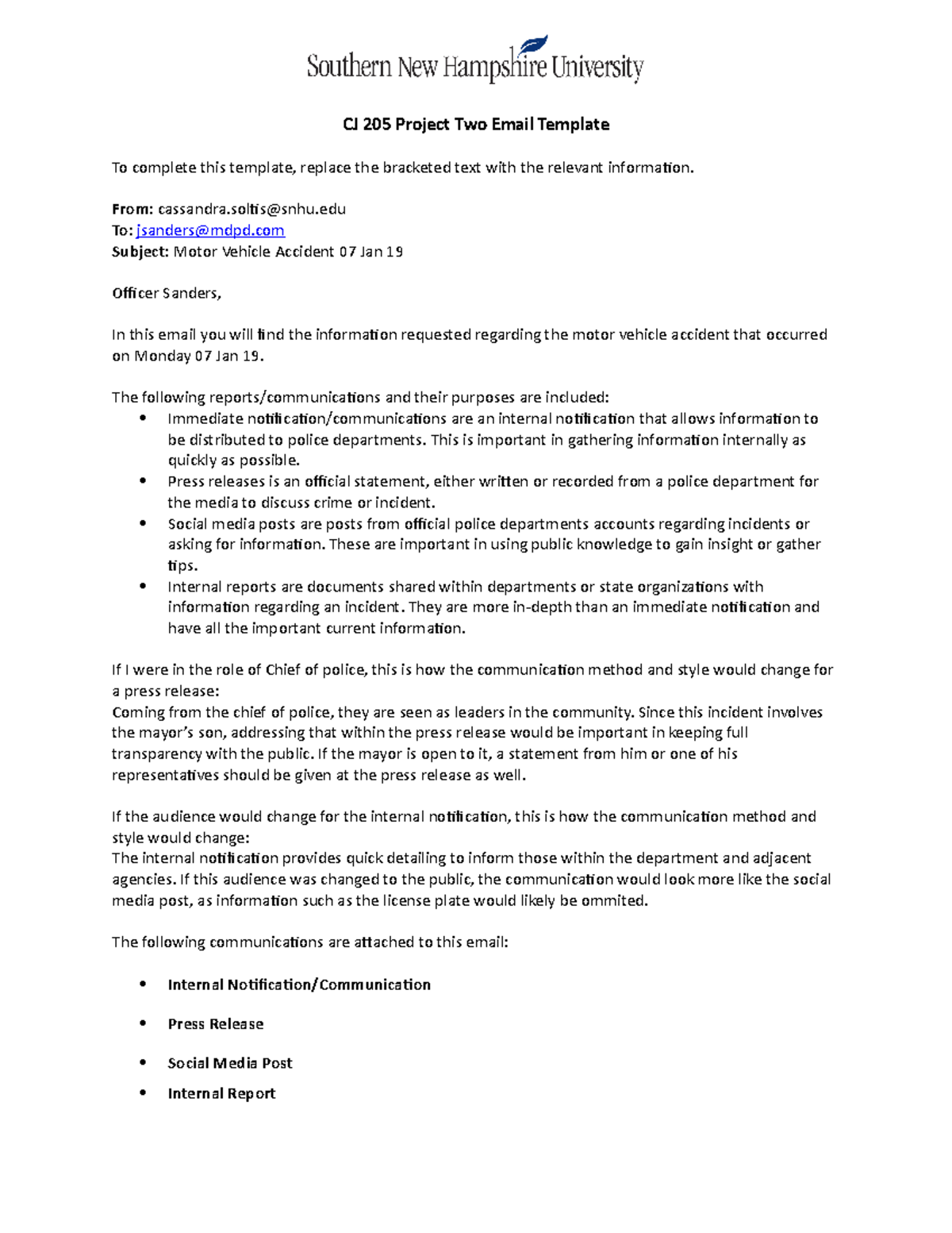 CJ 205 Project Two: Email Template for Incident Communication - Studocu