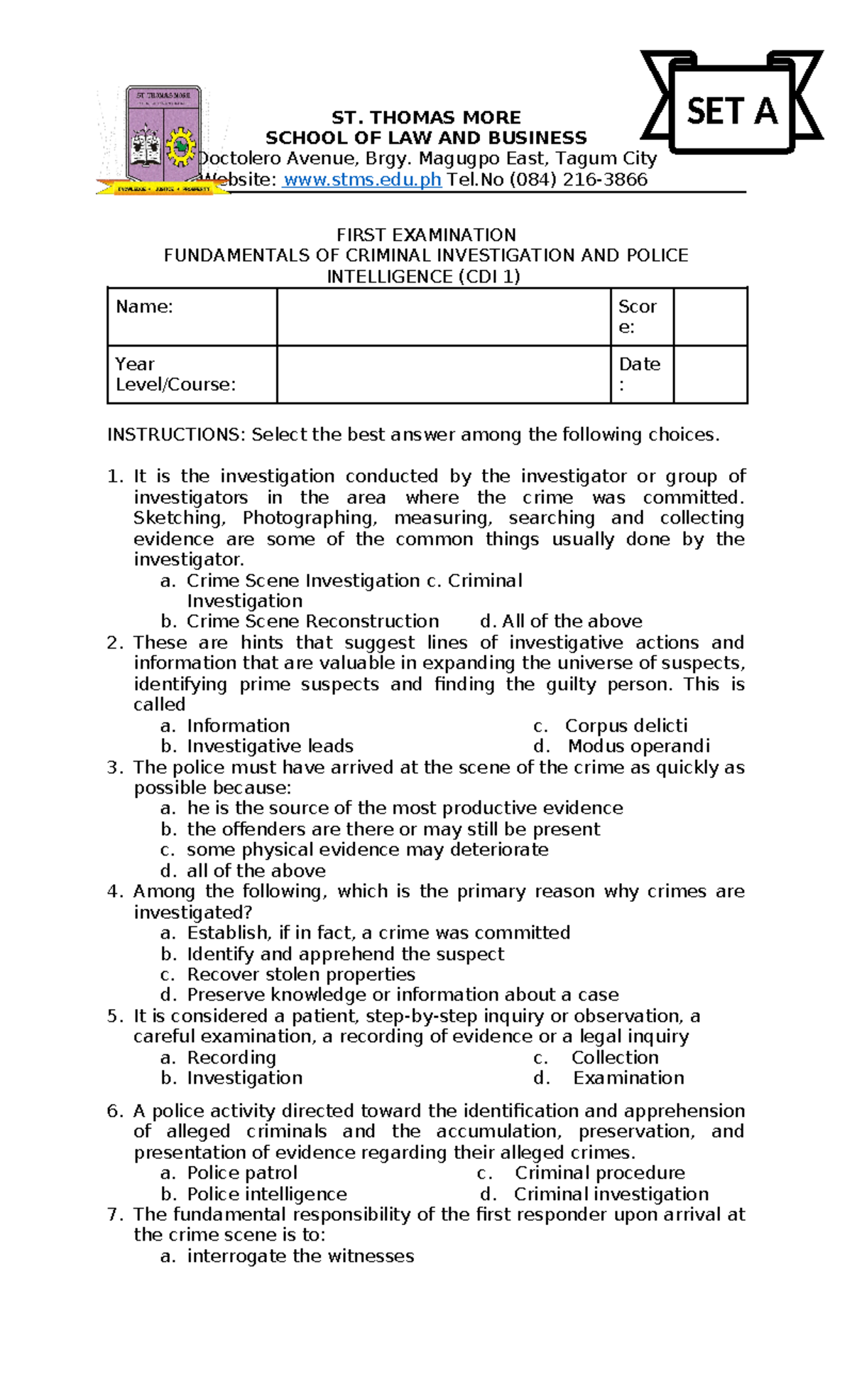 CDI 1: Sample Questionnaire for First Examination in Criminal ...