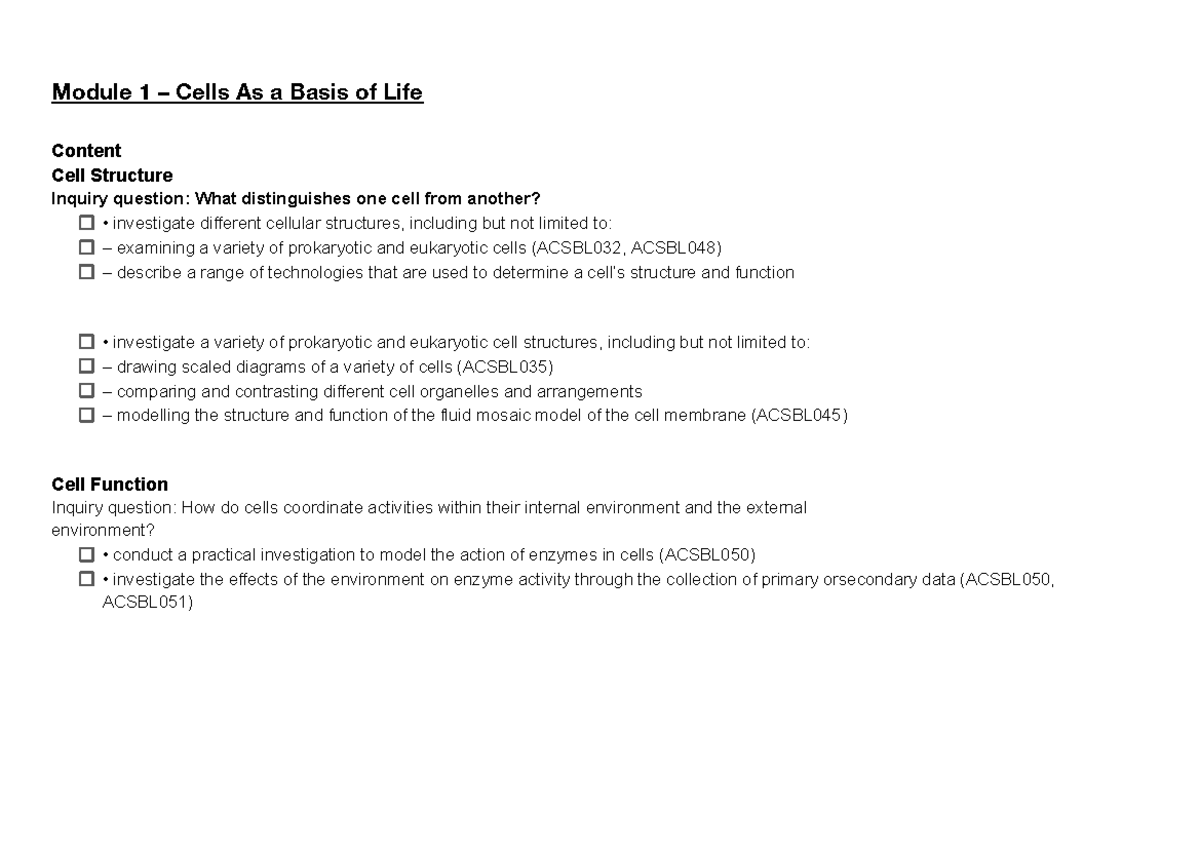 ACSBL032, ACSBL048 Module 1: Cells as the Basis of Life - Exam Notes ...