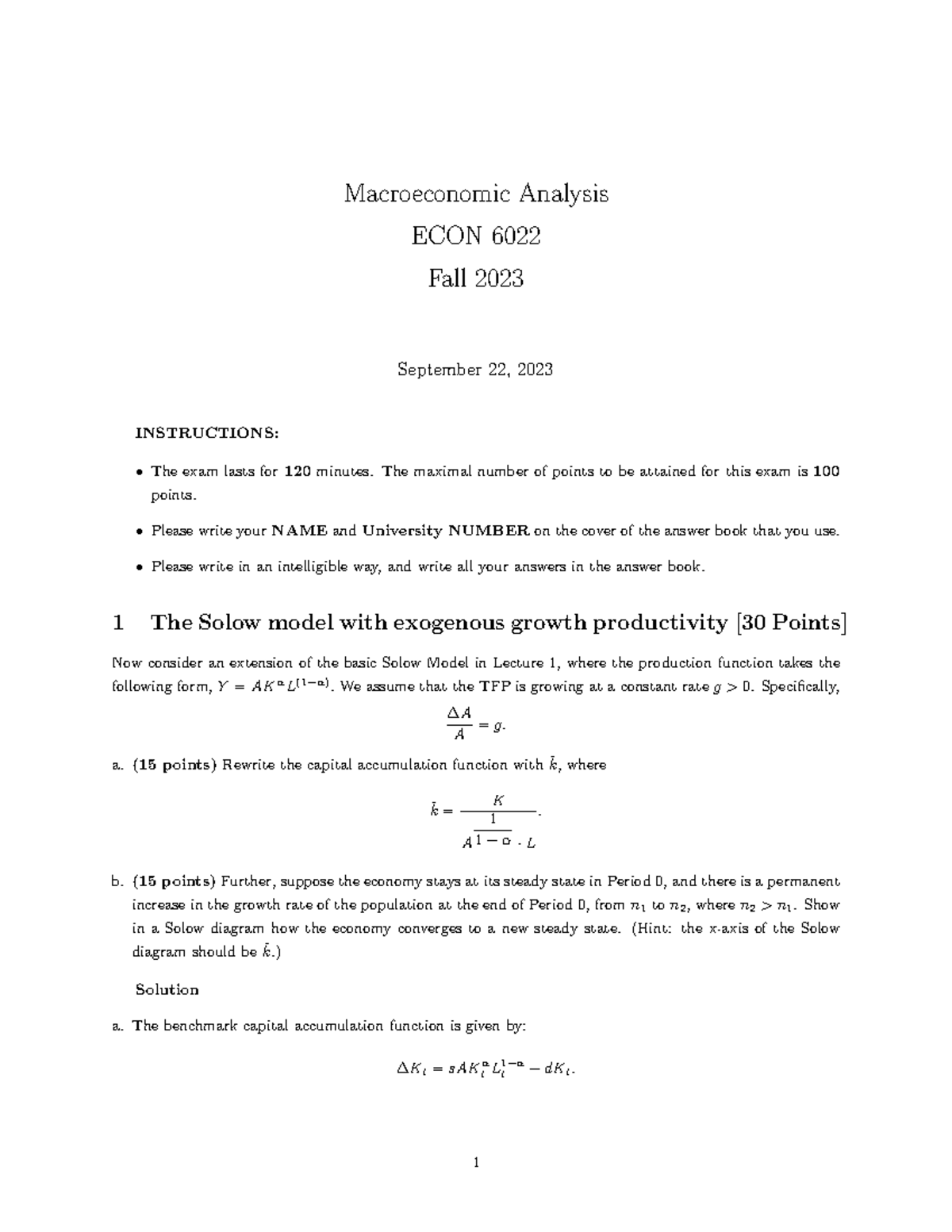 Midterm Exam Solutions for ECON 6022 - Fall 2023 - Studocu