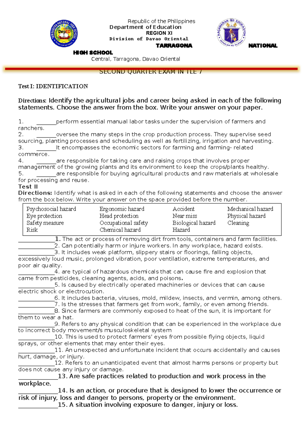 2ND Quarter EXAM IN TLE - SAMPLE EXAM - Republic of the Philippines ...