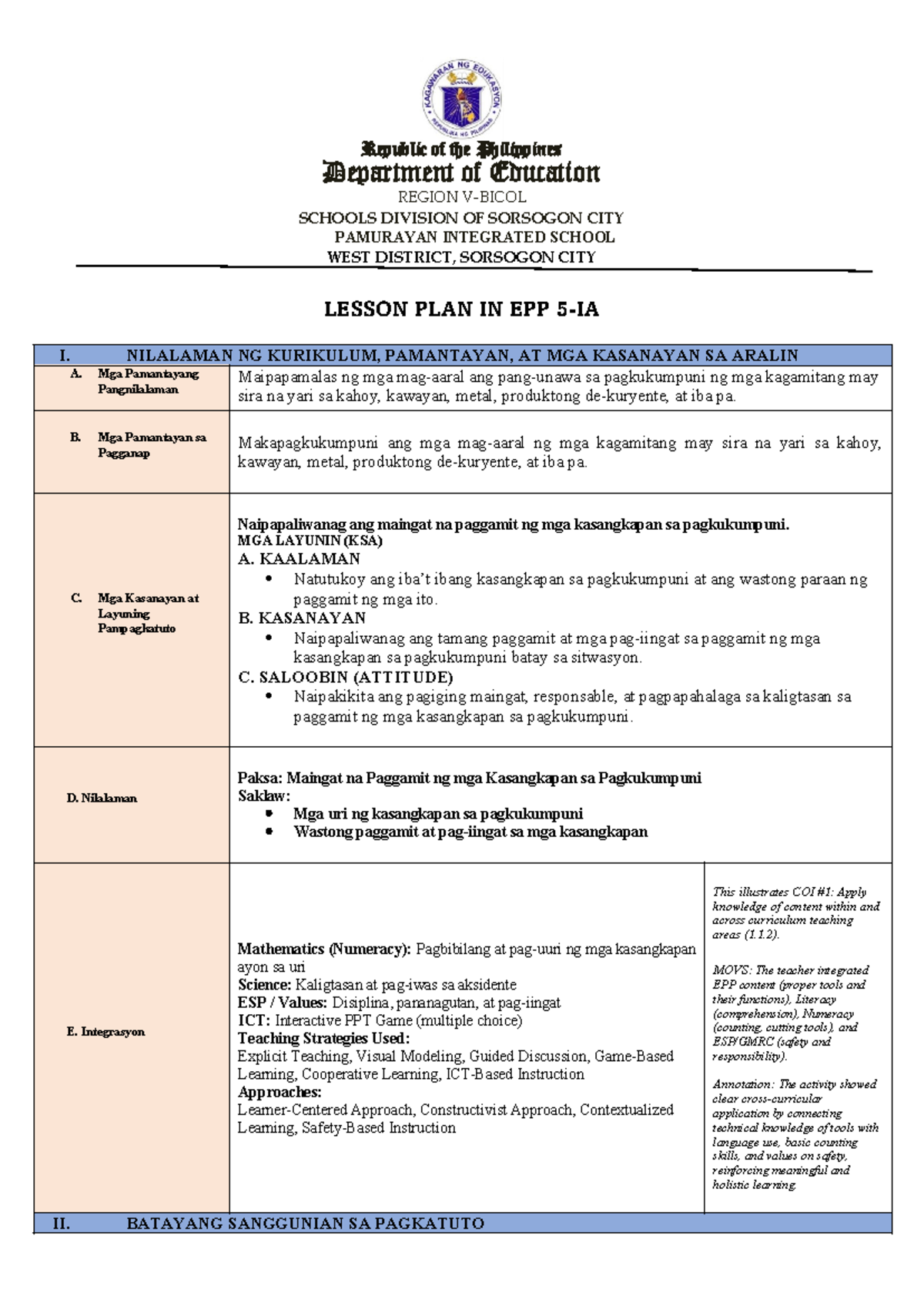 EPP 5 Q4-IA WEEK 2 DEMO: Lesson Plan on Safe Tool Use - Studocu