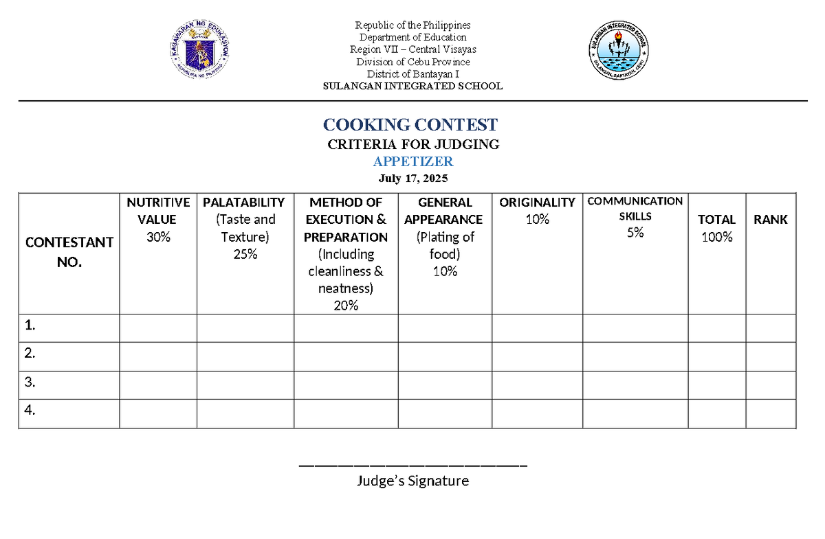 Cooking Contest Judging Criteria: Appetizer & Dessert - Studocu