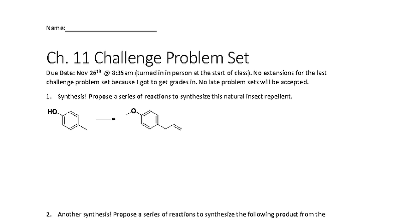 Ch. 11 Challenge Problem Set - Due Nov 26th, 8:35am - Studocu