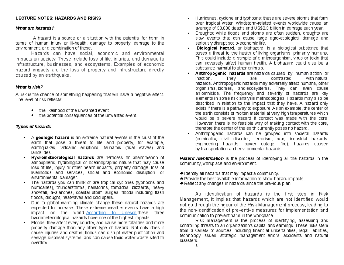 Lecture Notes: Hazards and Risks (IN) - Studocu