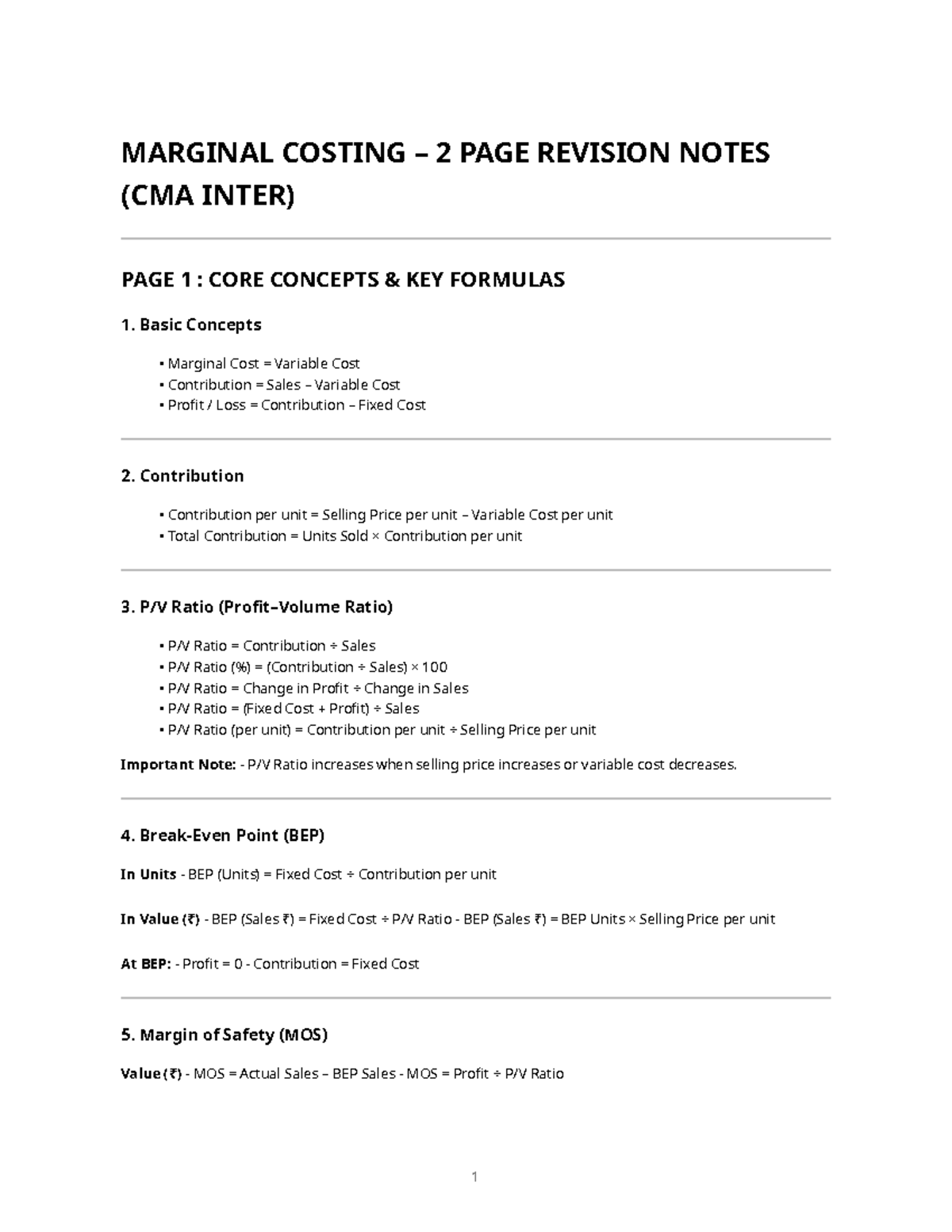 Marginal Costing - 2 Page Revision Notes (CMA Inter) - Studocu