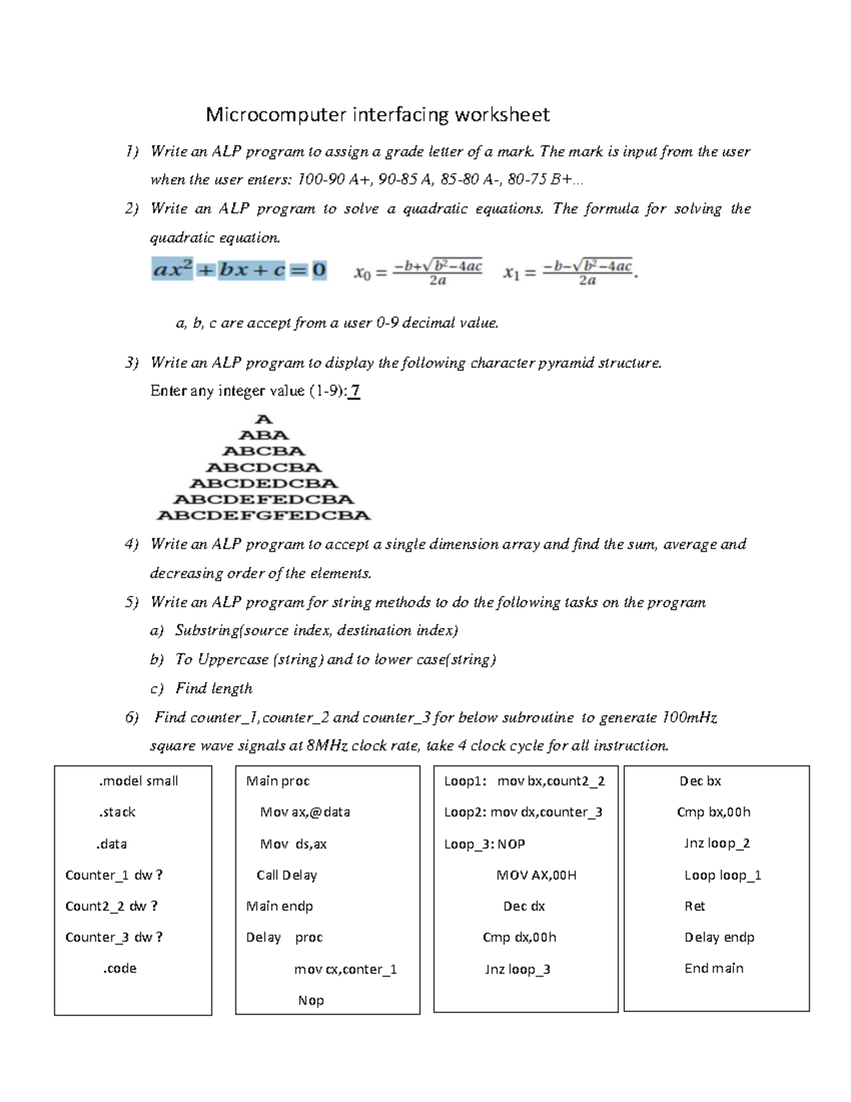 Microcomputer Interfacing Worksheet: ALP Programs & Exercises - Studocu