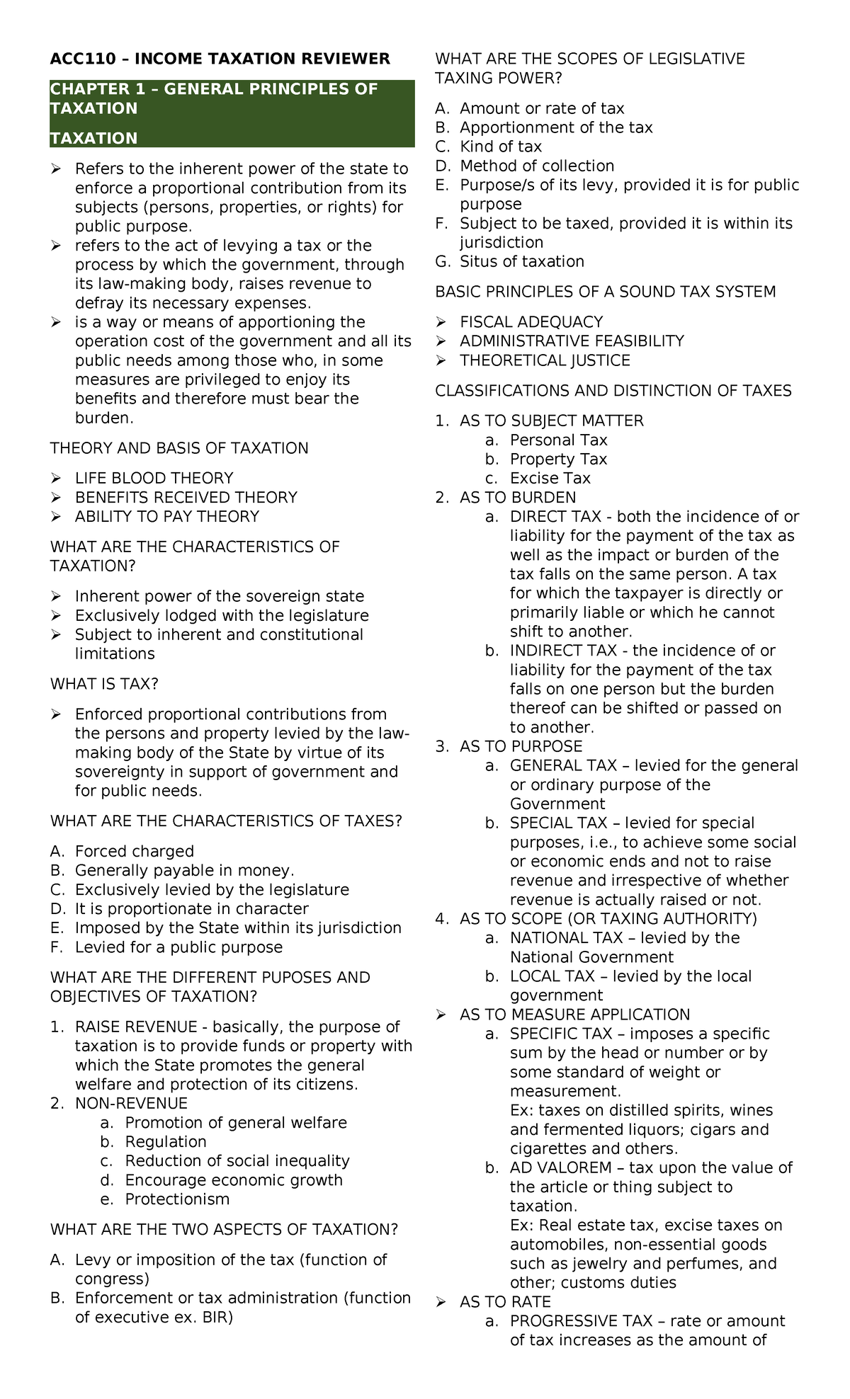 ACC110 INCOME TAXATION REVIEWER: CHAPTER 1 - GENERAL TAX PRINCIPLES ...