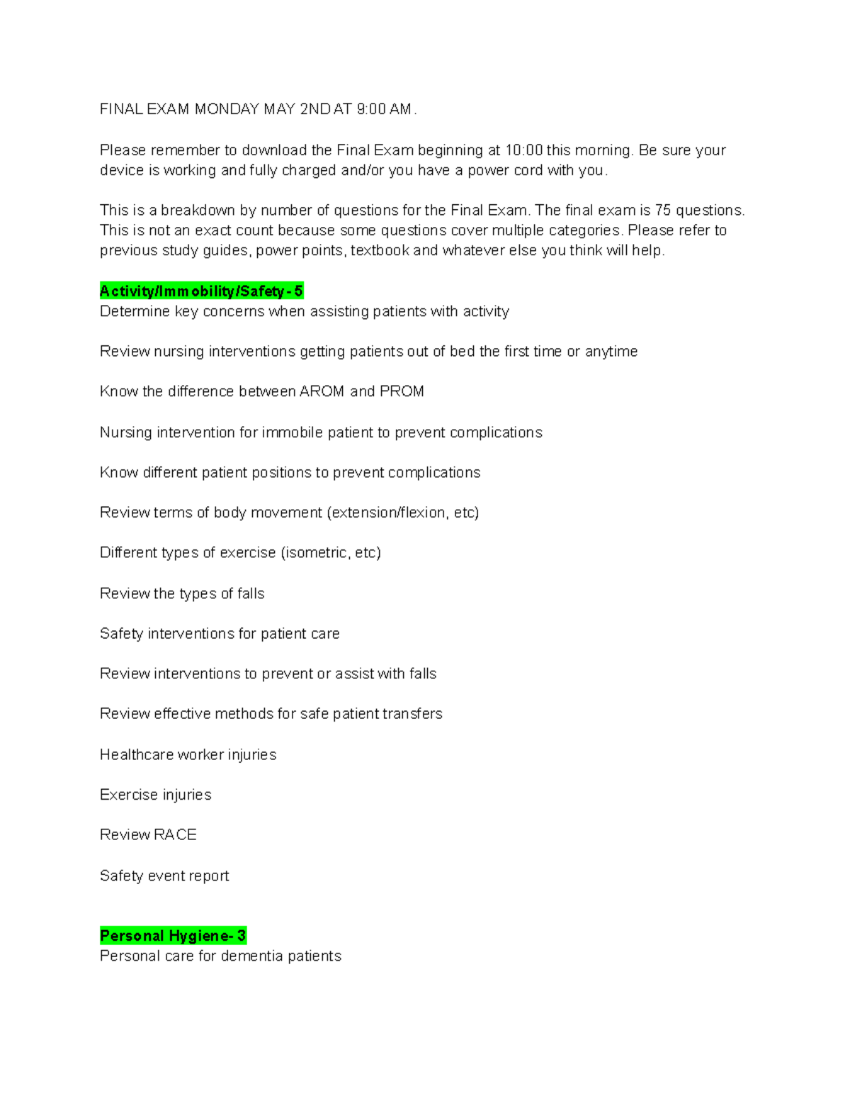 205 Final Exam Study Guide: Key Nursing Concepts and Interventions ...