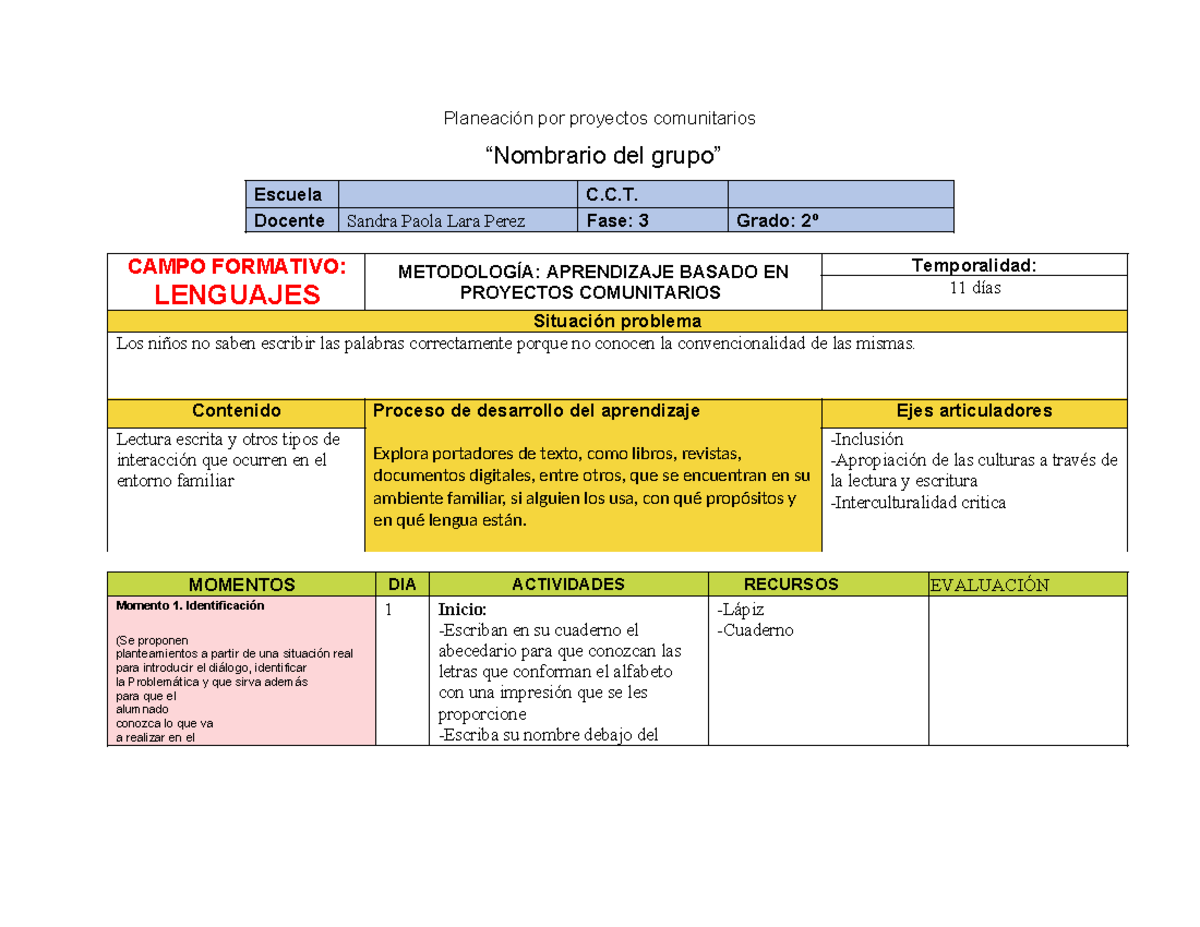 Planeación de Proyectos Comunitarios en Lenguajes - 2º Grado C.C.T ...