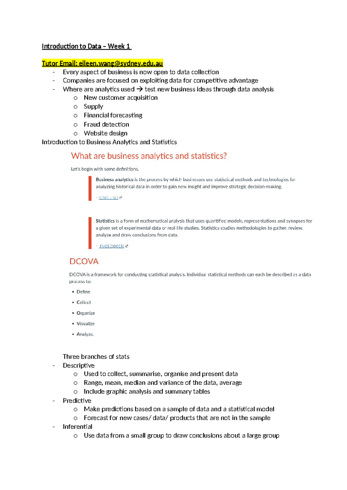 BUSS1020 - Week 1: Intro to Data & Business Analytics Concepts - Studocu