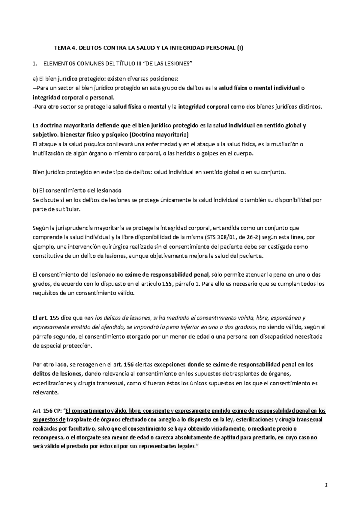 TEMA 4: DELITOS CONTRA LA SALUD Y LA INTEGRIDAD PERSONAL (I) - Studocu