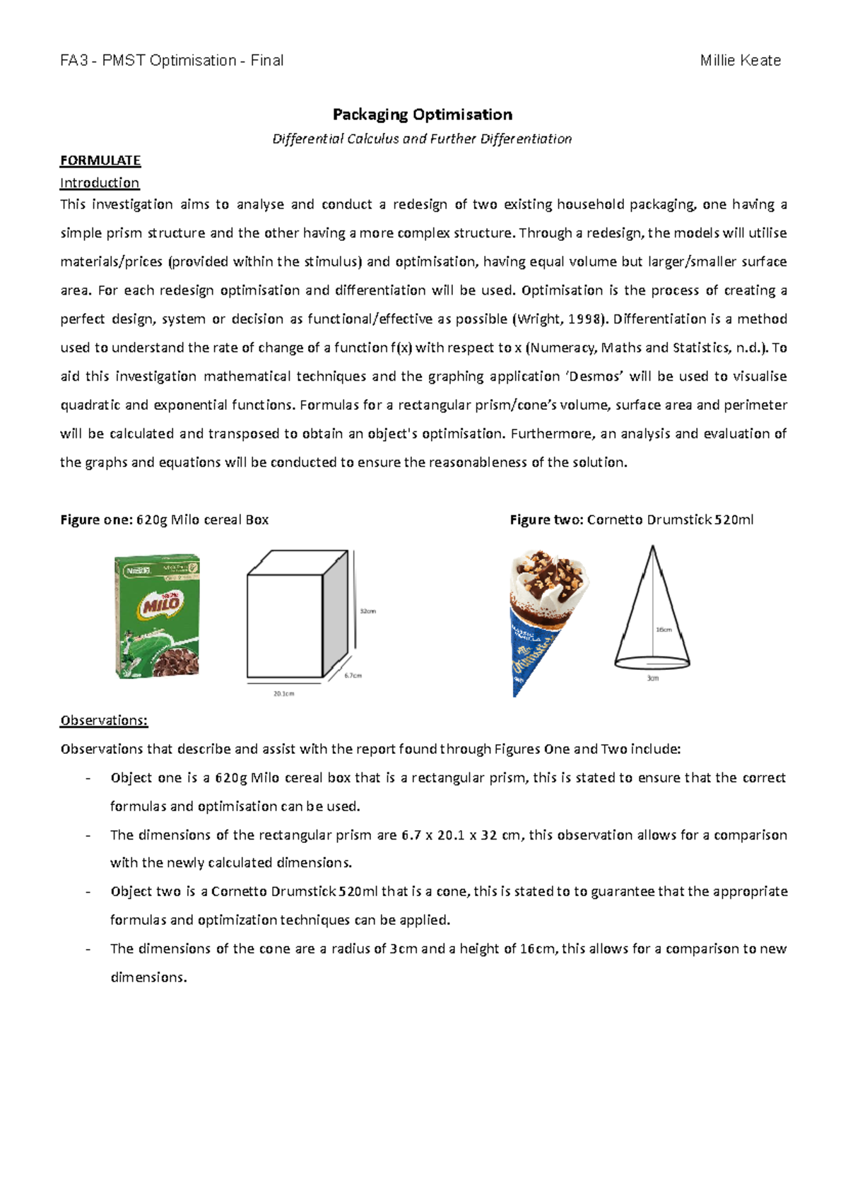 FA3 PMST Final Exam: Optimisation of Packaging Using Calculus - Studocu