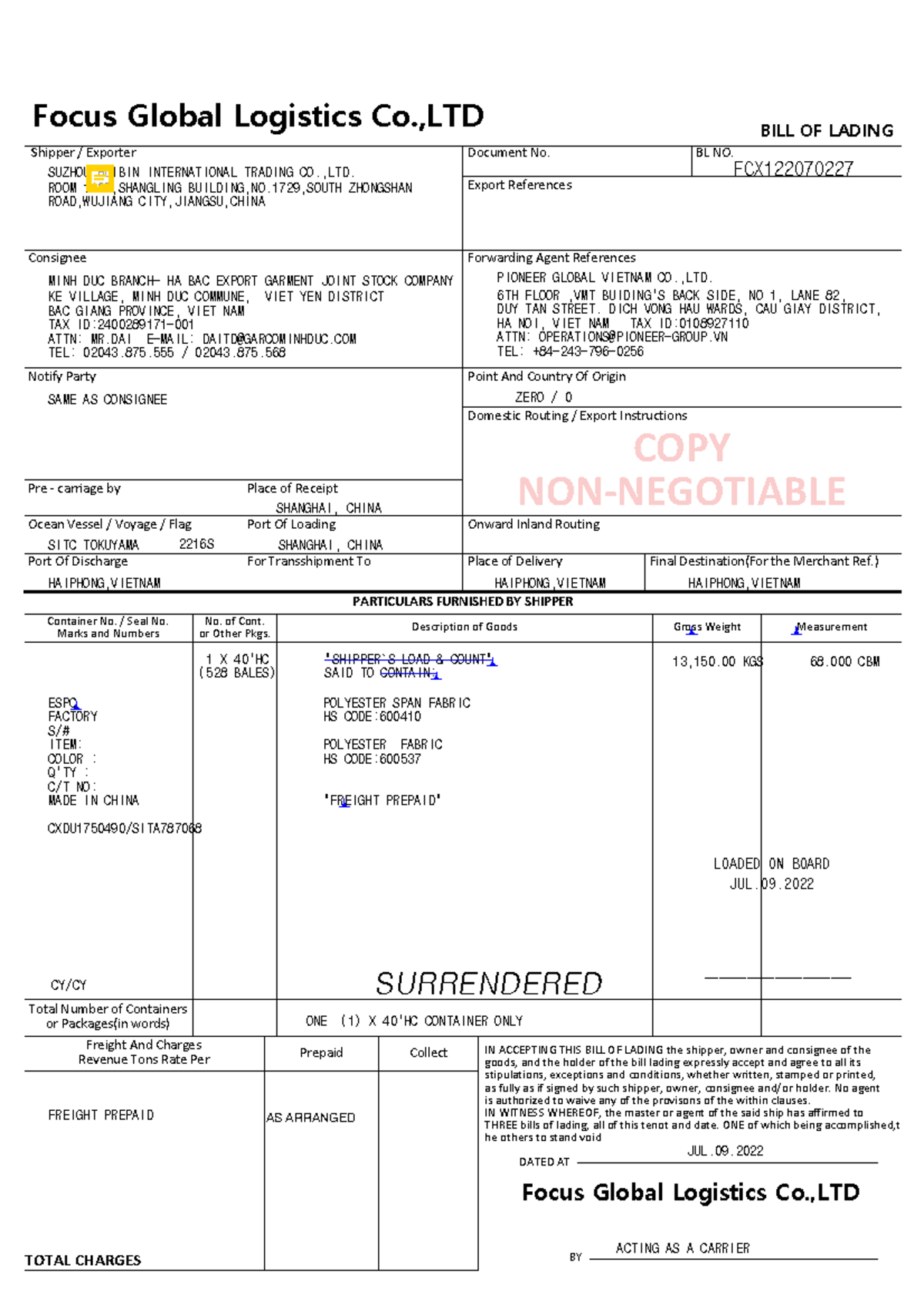 FCX122070227-HBL-SUR - Document No. Gross Weight Measurement Export ...