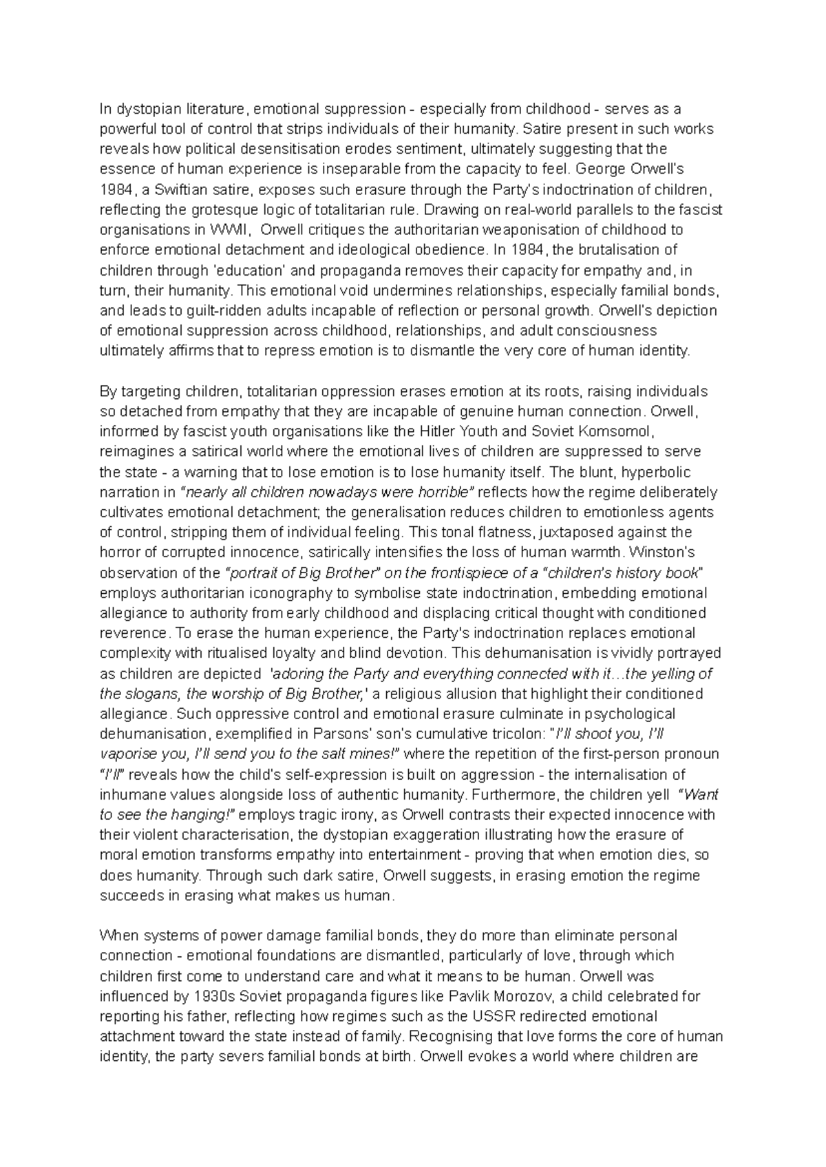 1984 Essay Notes: Emotional Suppression and Humanity in Dystopia - Studocu