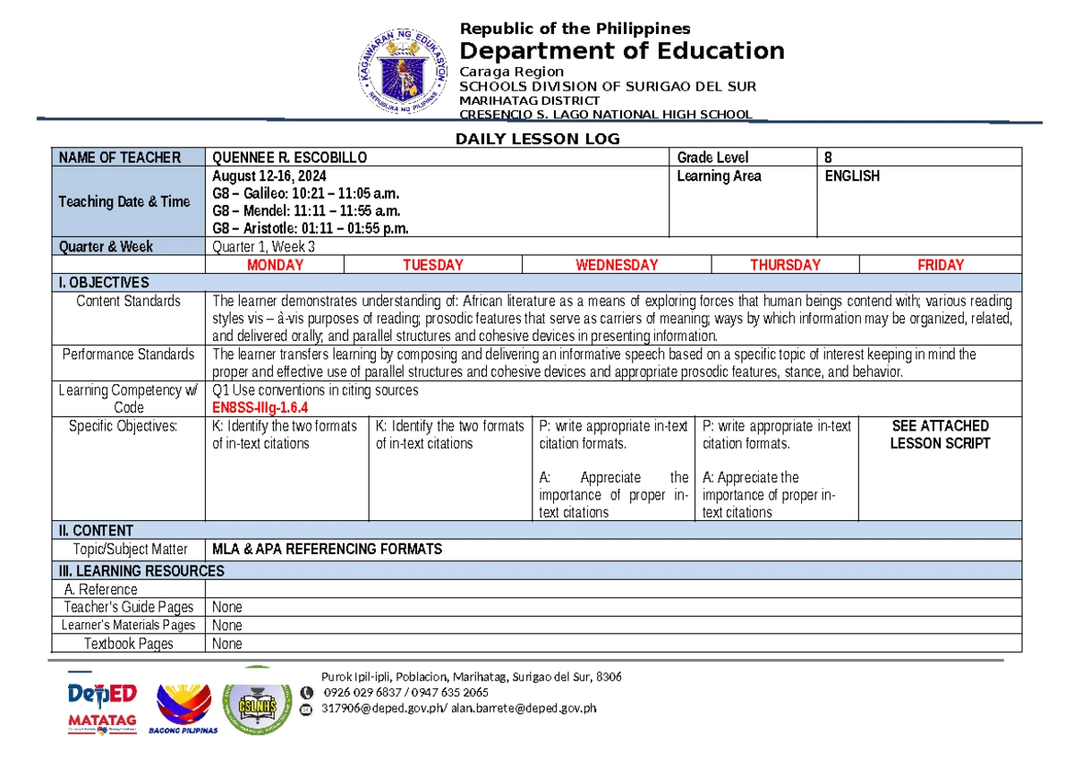 Daily Lesson Log for Grade 8 English - Quarter 1, Week 8 - Studocu