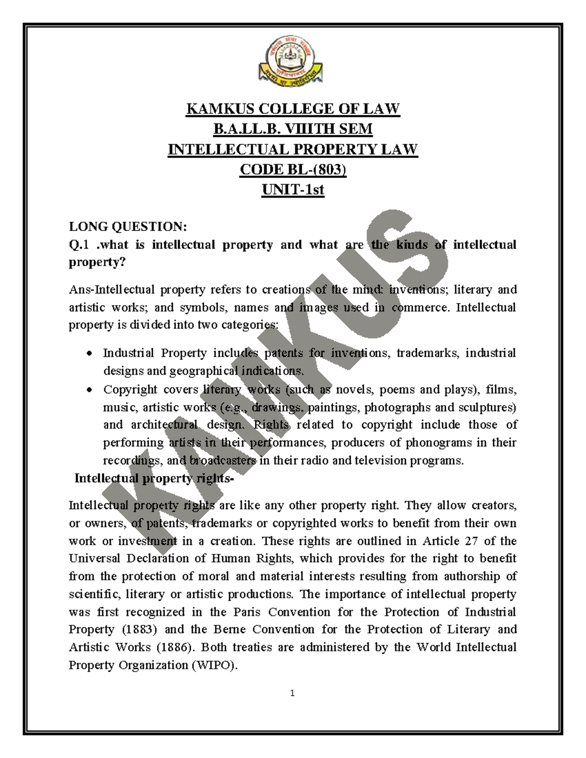 B.A.LL.B. SEM I: Long Questions on Intellectual Property Law (IPR ...