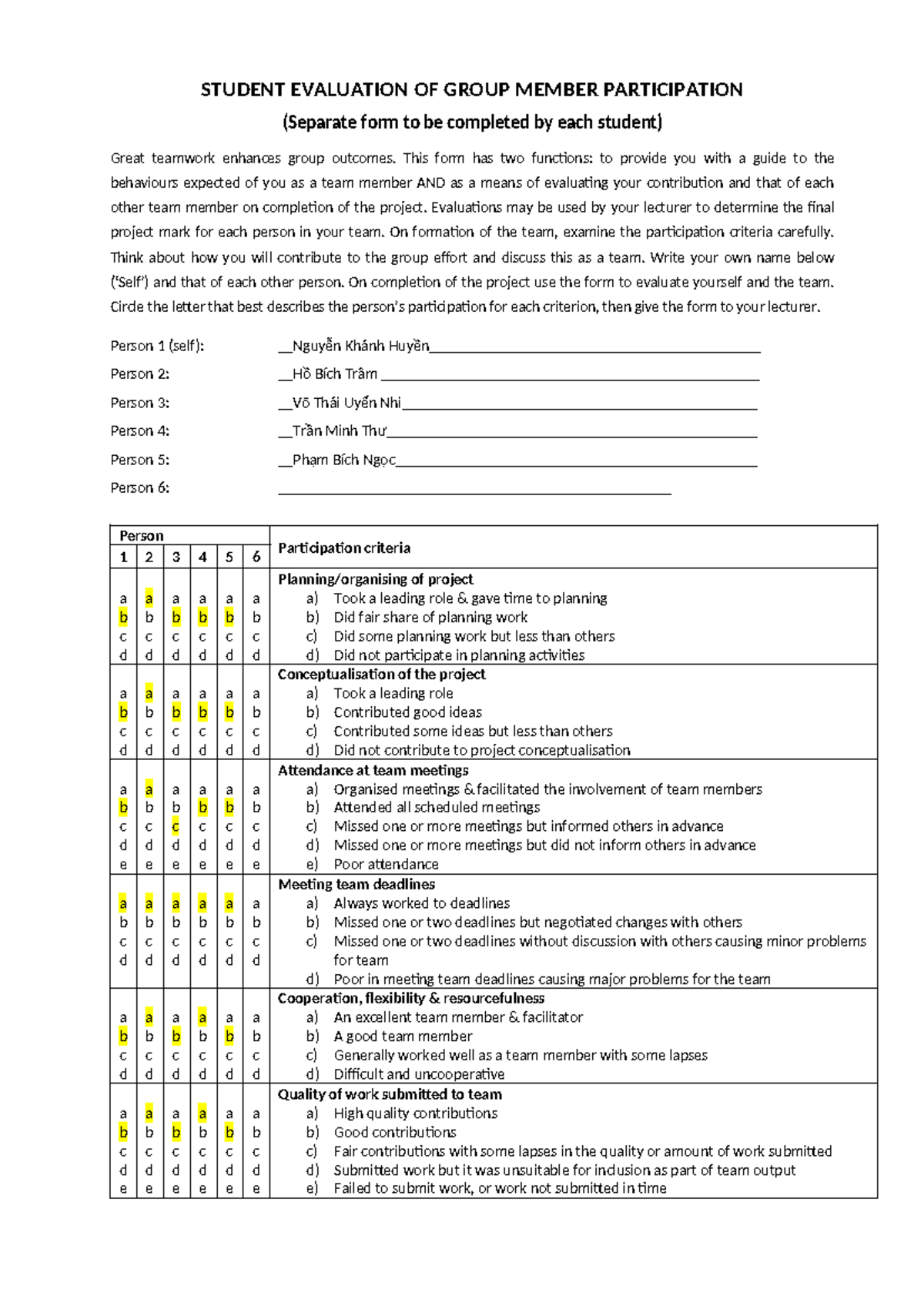 BC-2 A-3 Team 1 Evaluation Form for Teamwork Participation - Studocu