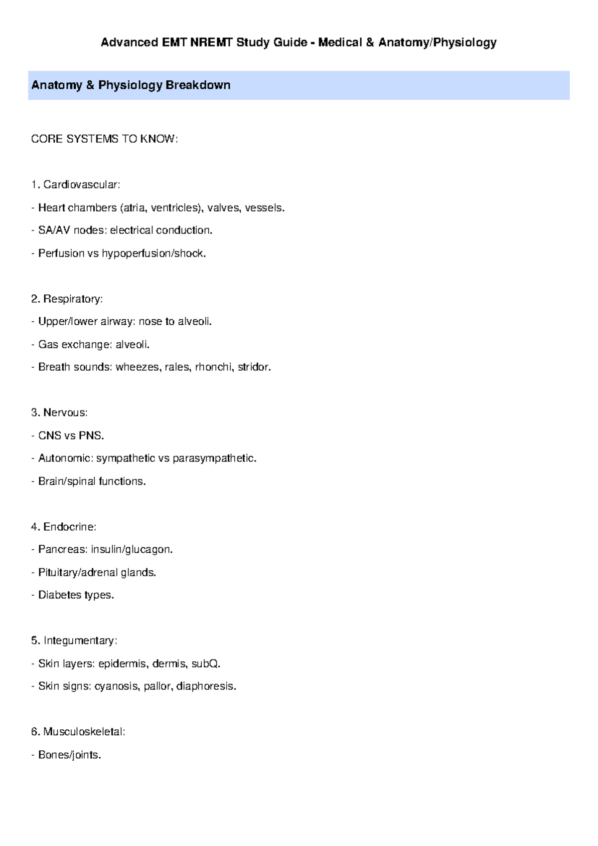 AEMT NREMT Study Guide: Key Medical A&P Concepts - Studocu