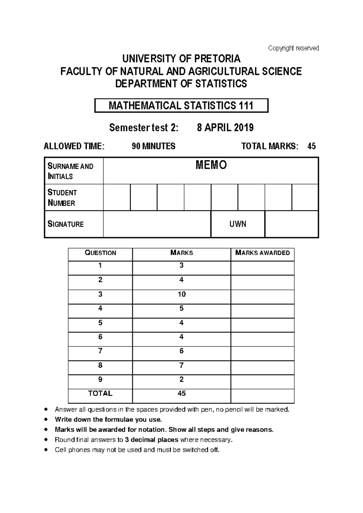 Semester Test 2 Memo: Mathematical Statistics (STA 200) - Studocu