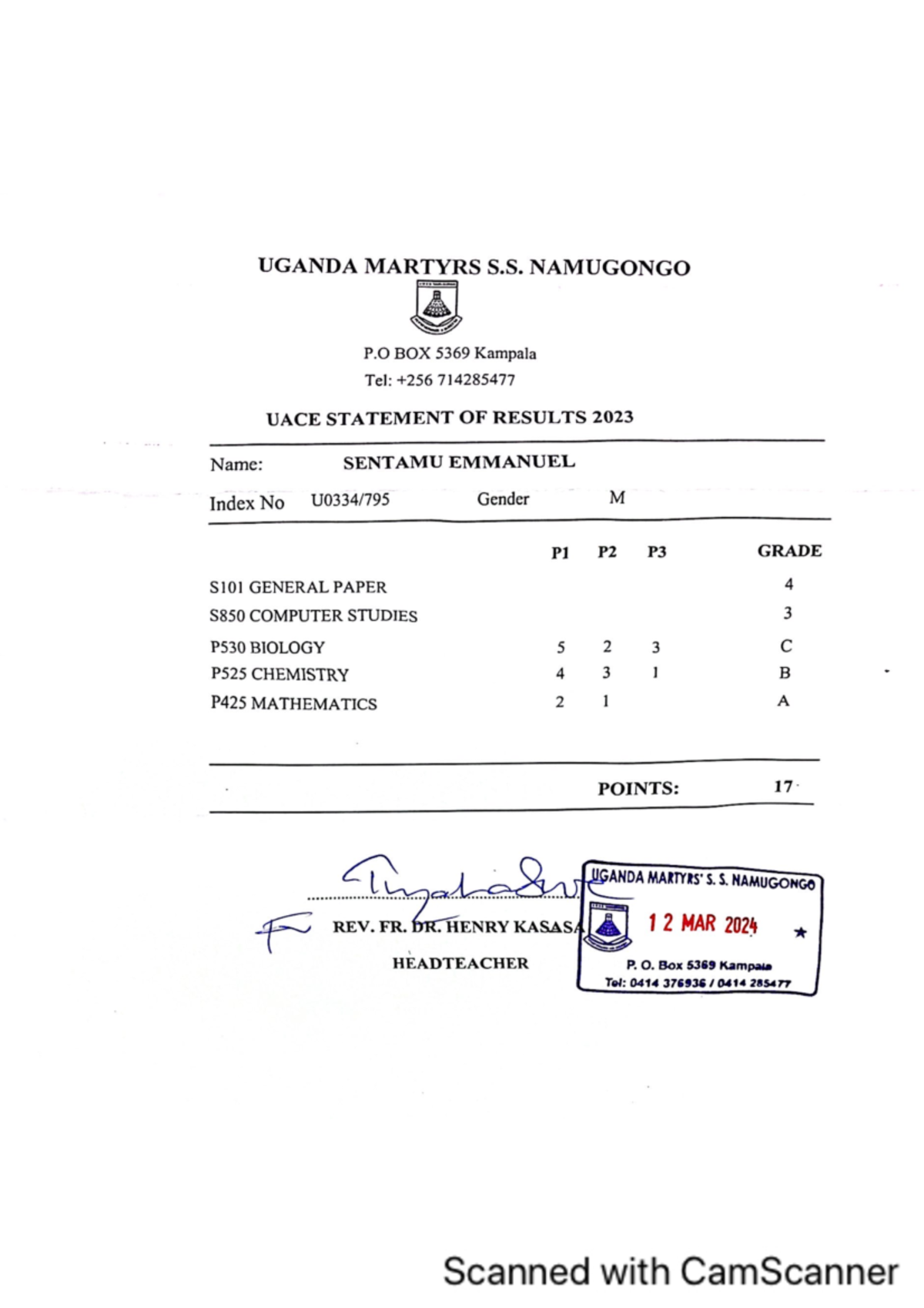 UACE 2023 Statement of Results for Sentamu Emmanuel - Studocu