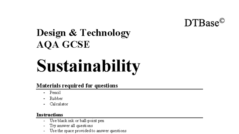 GCSE AQA Design Technology: Sustainability Topic Questions - Studocu