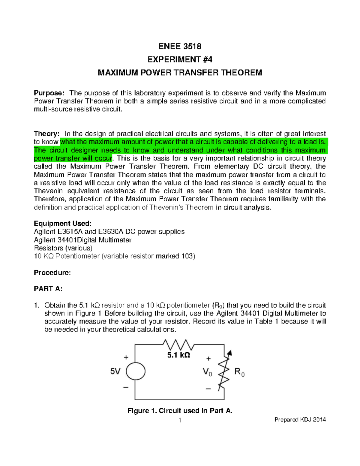Lab 4 Maximum Power Transfer - Prepared KDJ 2014 ENEE 3518 EXPERIMENT ...