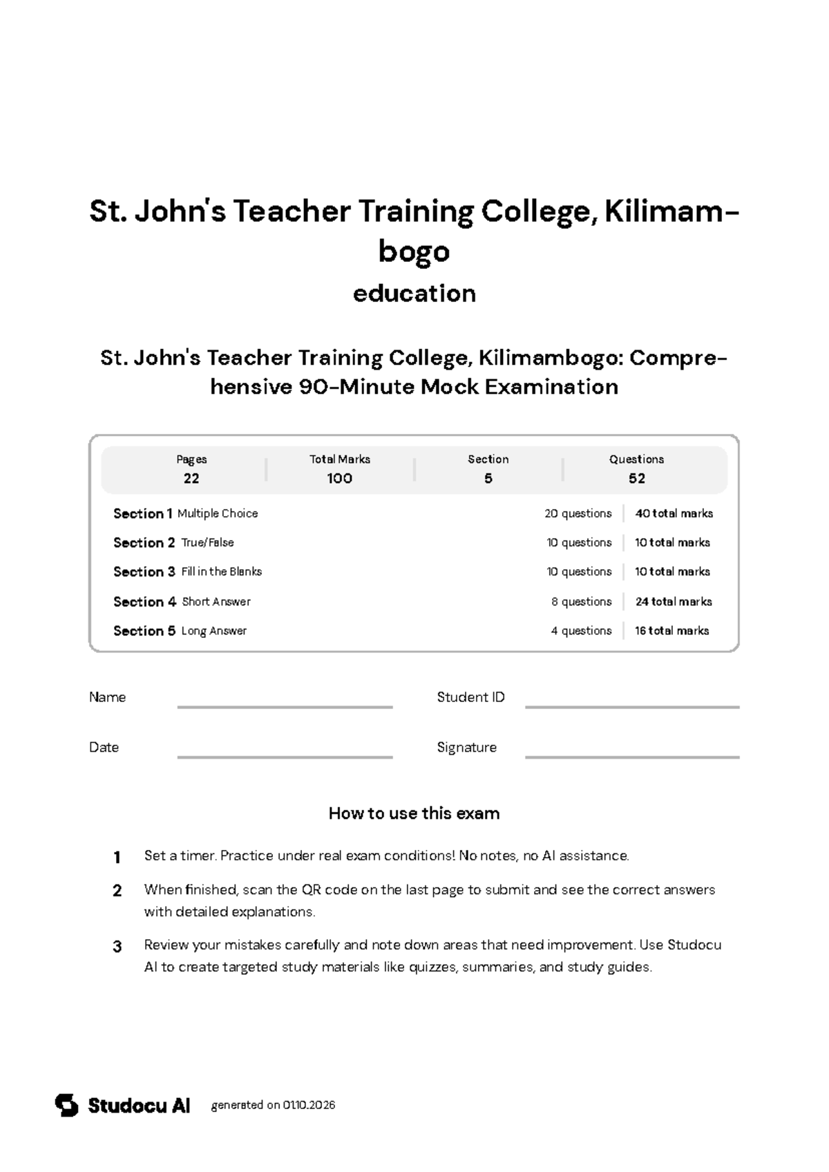 St. John's Teacher Training College: 90-Minute Mock Exam - Studocu