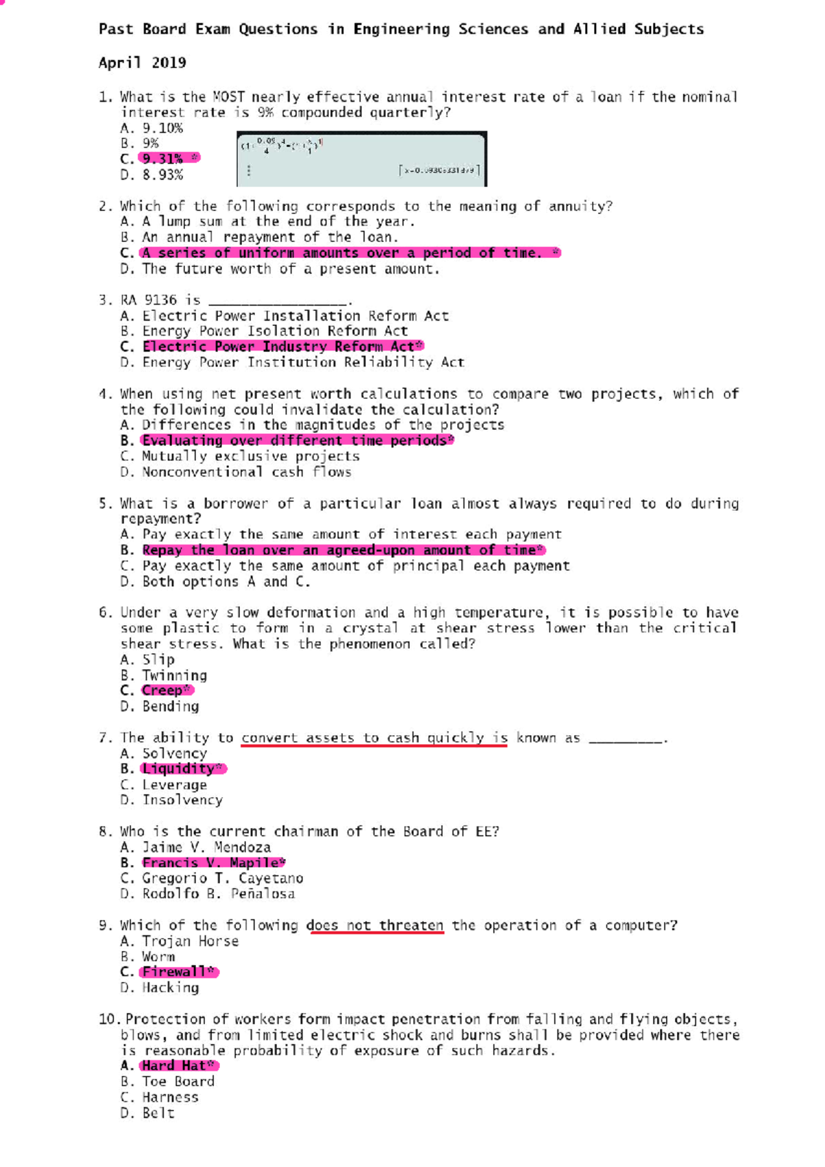 Past Board Exam Questions in Engineering Sciences and Allied Subjects ...