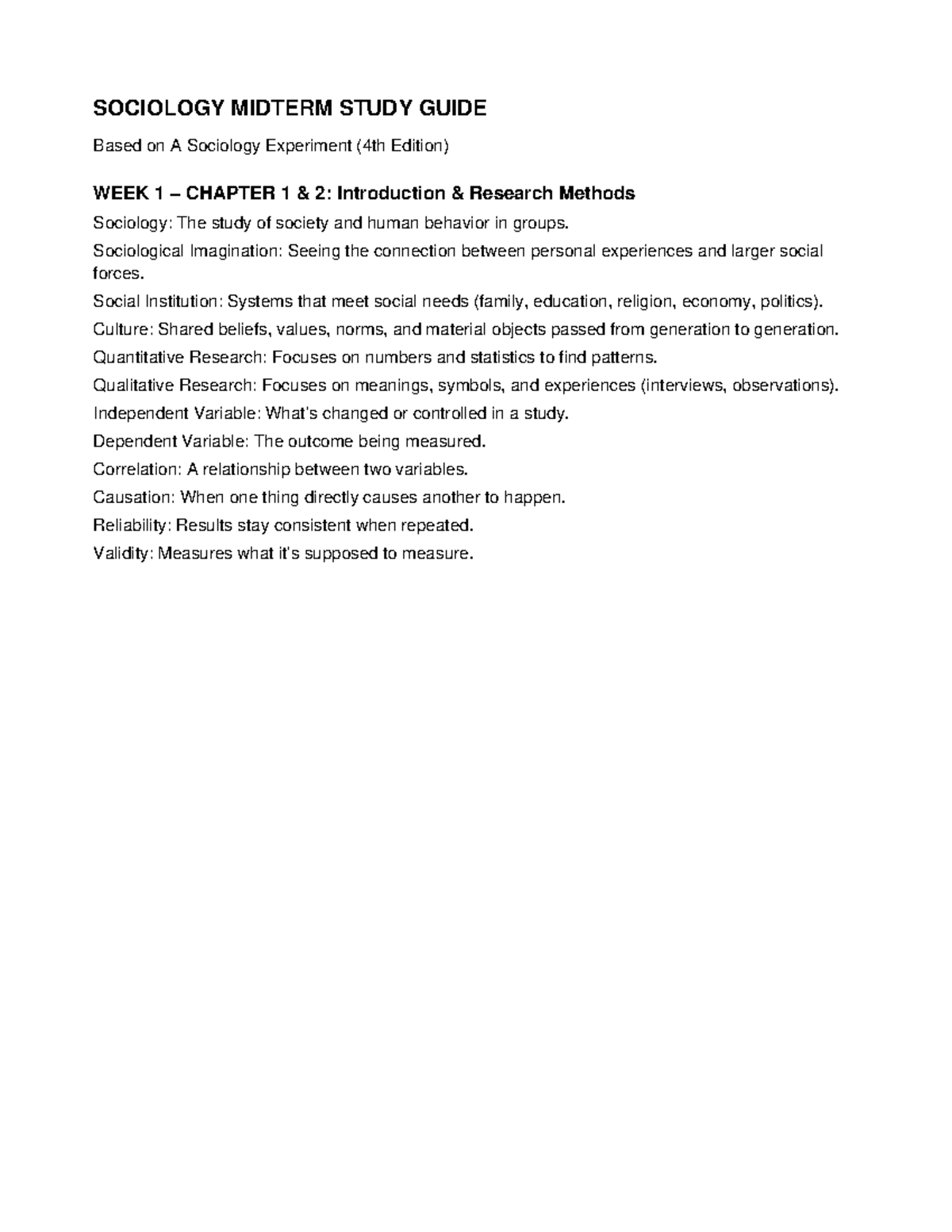 Sociology 101 Midterm Study Guide: Key Concepts & Research Methods ...