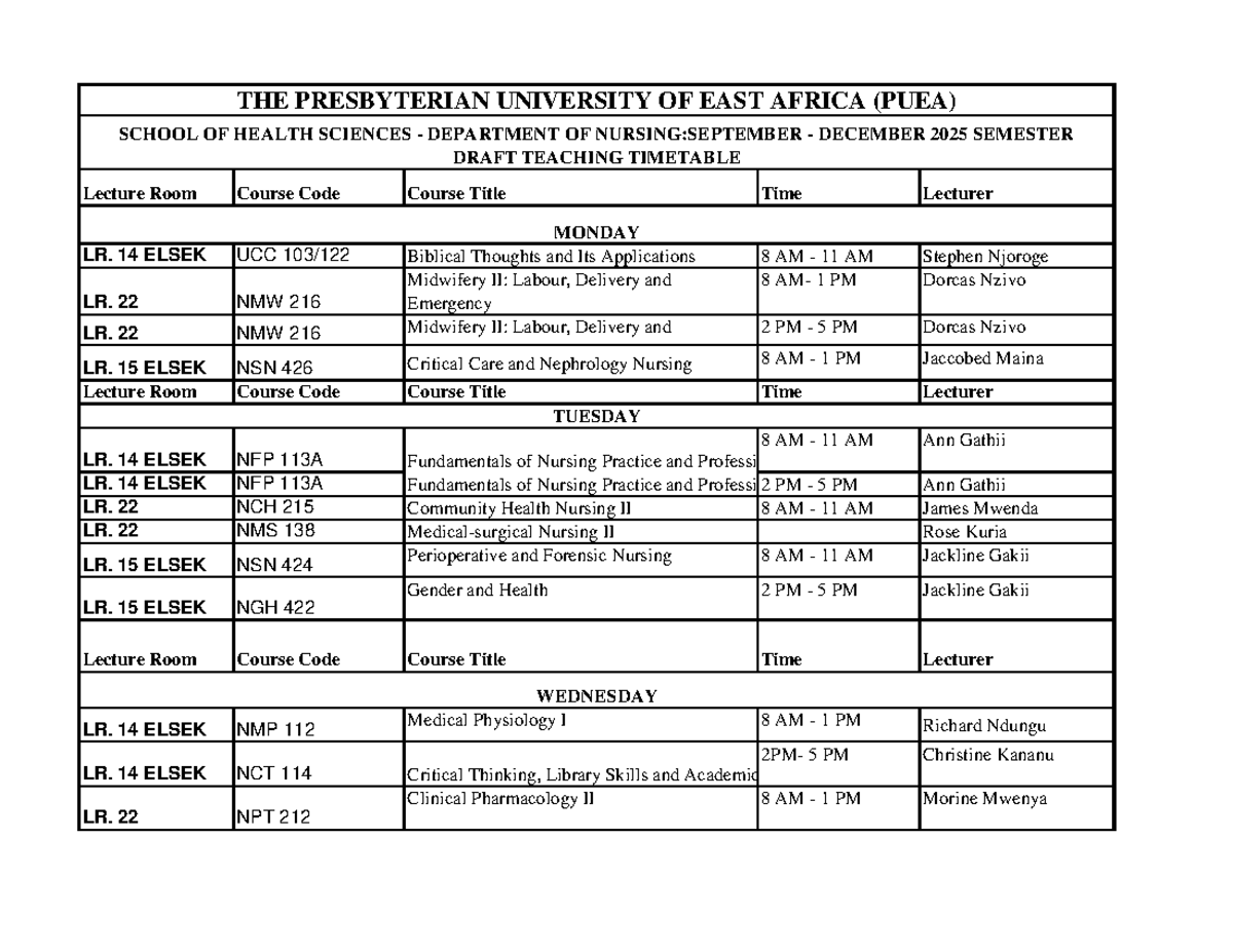 Nursing Draft Teaching Timetable (NMP 112) Sept-Dec 2025 - Studocu
