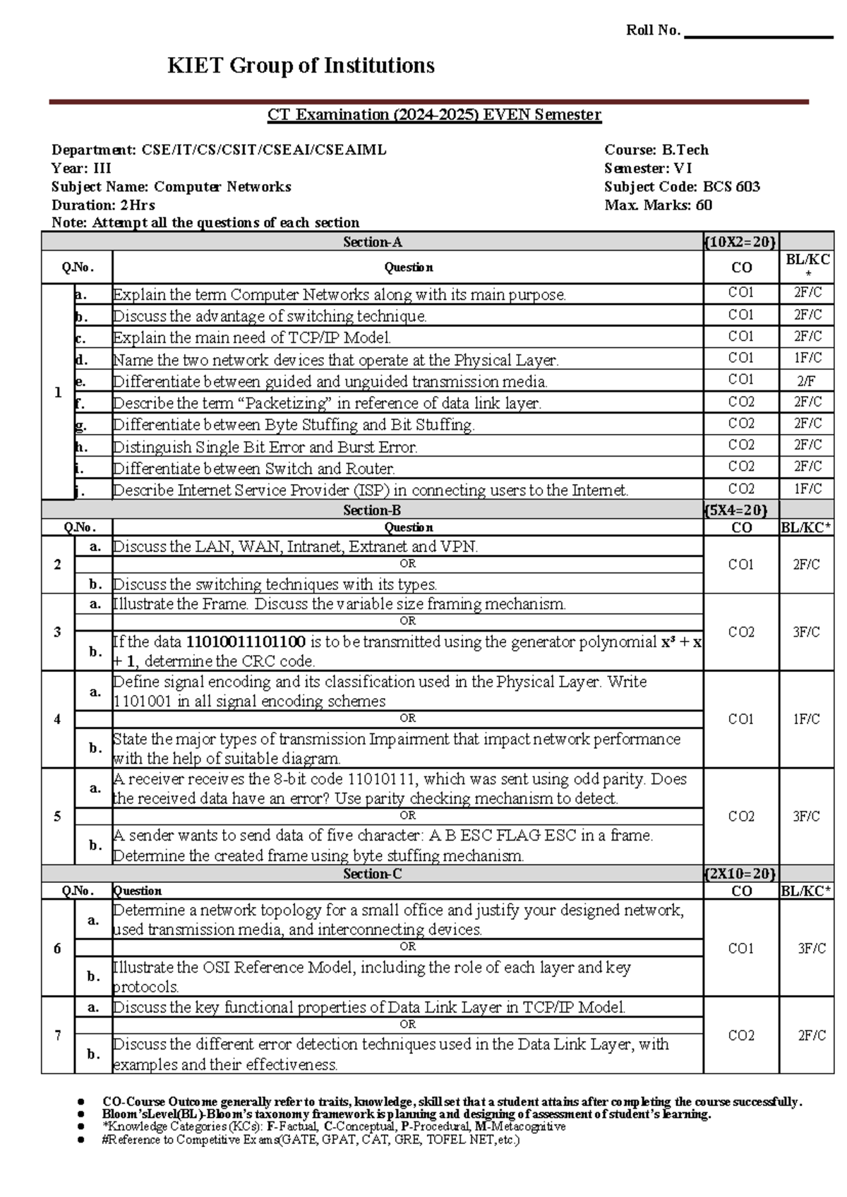 BCS 603 Computer Networks CT Examination Sample Solutions 2024-25 - Studocu