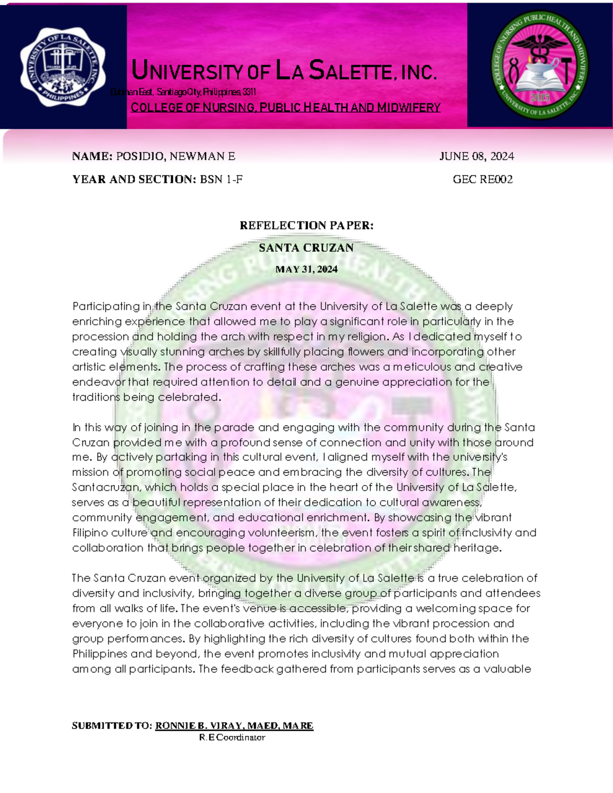 Individual- Refelction- Paper -RE - UNIVERSITY OF LA SALETTE, INC ...
