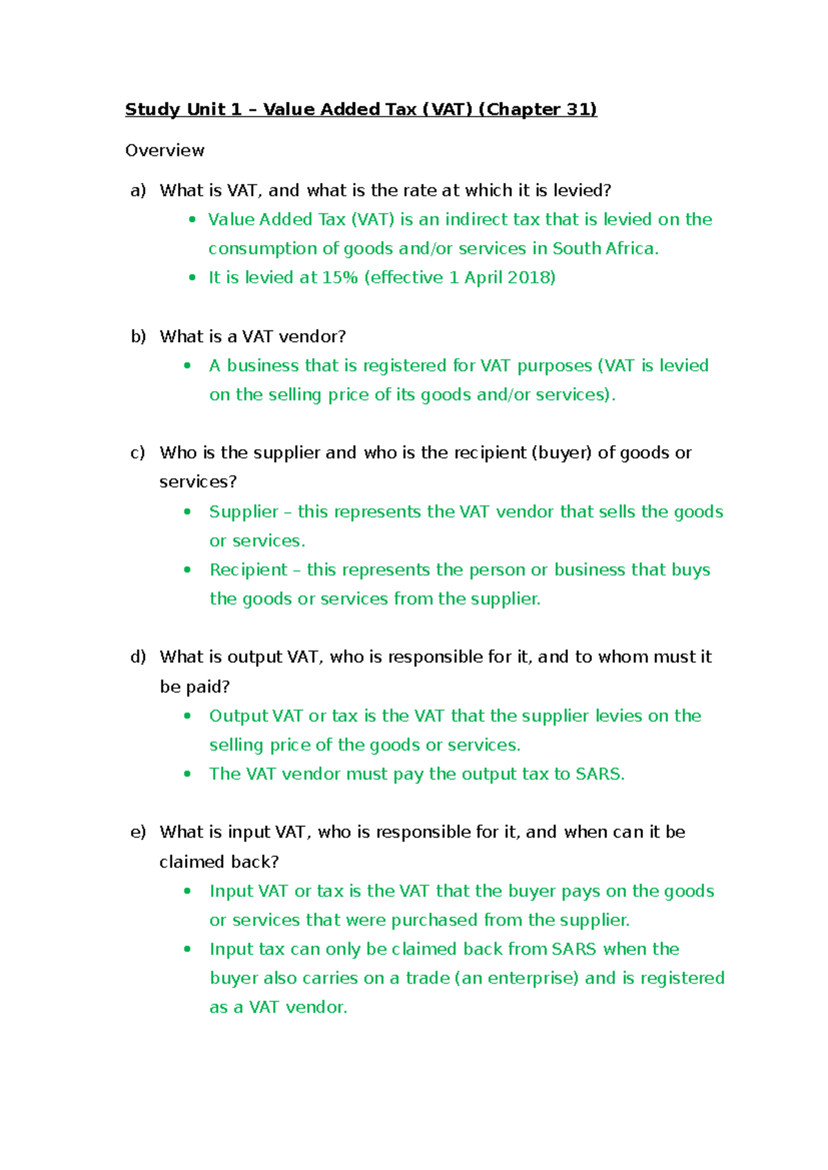 Study Unit 1 - VAT Overview and Key Concepts - Studocu