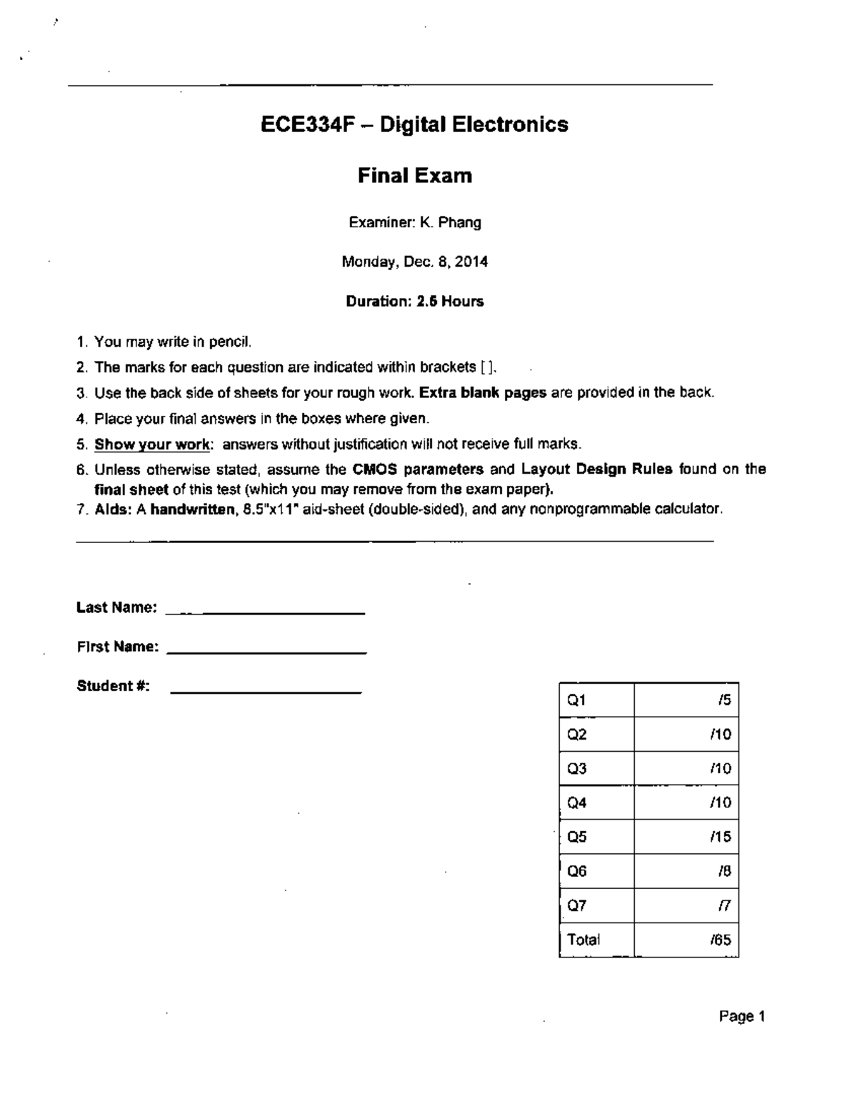 Final Exam 8 December 2014, questions - ECE334F Digital Electronics ...