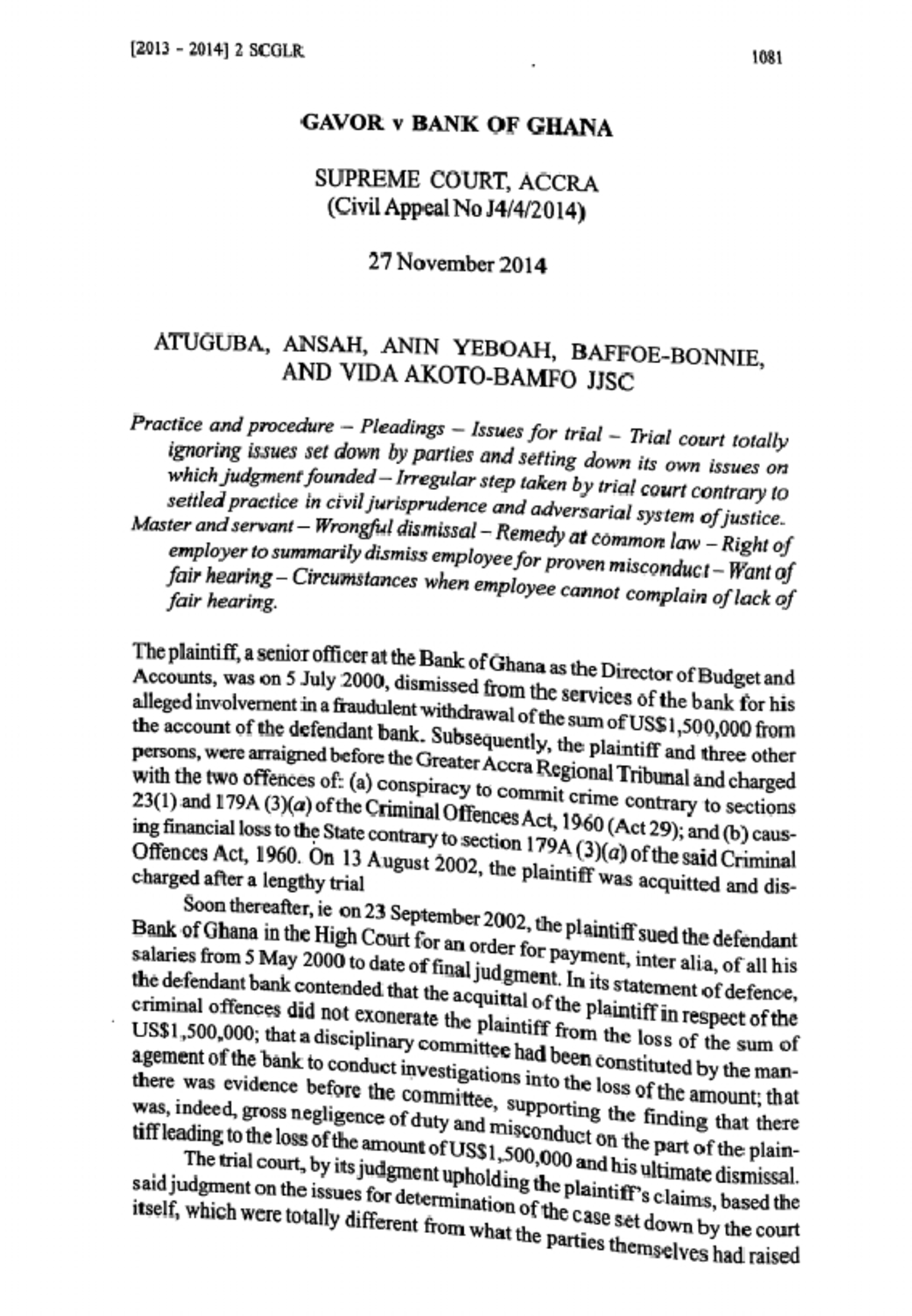 Gavor v. Bank of Ghana: Supreme Court Ruling on Wrongful Dismissal ...